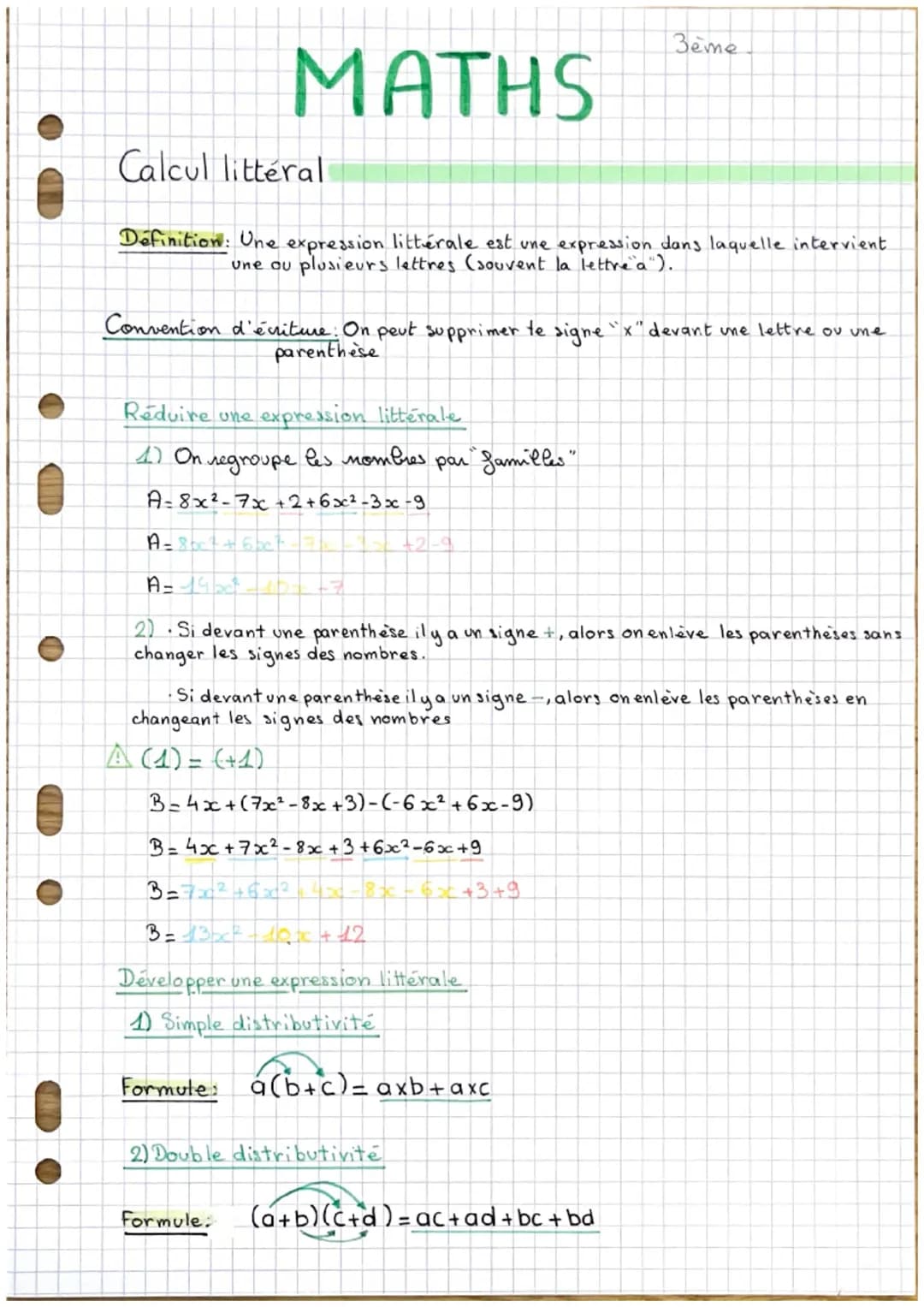 MATHS
Calcul littéral
3eme
Definition: Une expression littérale est une expression dans laquelle intervient
une ou plusieurs lettres (souven