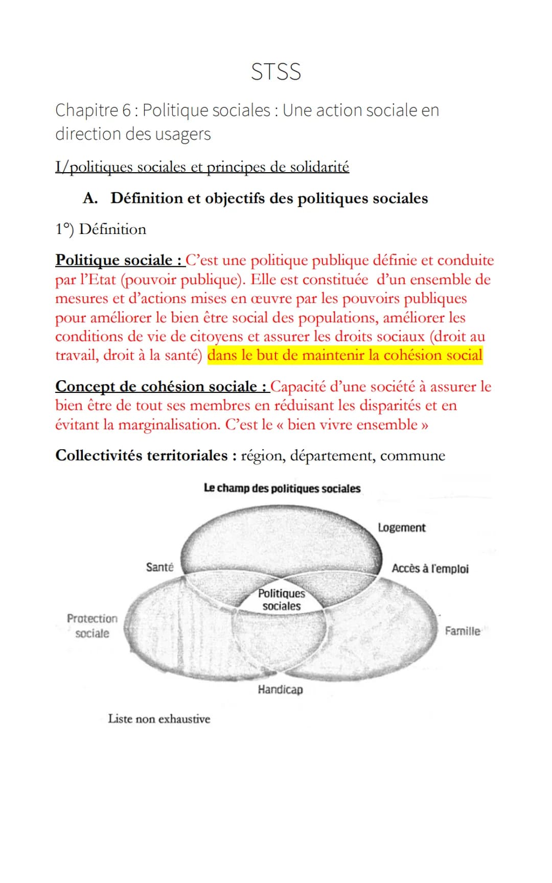 STSS
Chapitre 6: Politique sociales : Une action sociale en
direction des usagers
I/politiques sociales et principes de solidarité
A. Défini