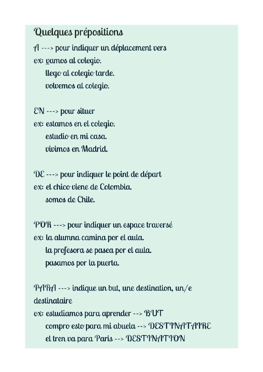 Espagnol - quelques prépositions