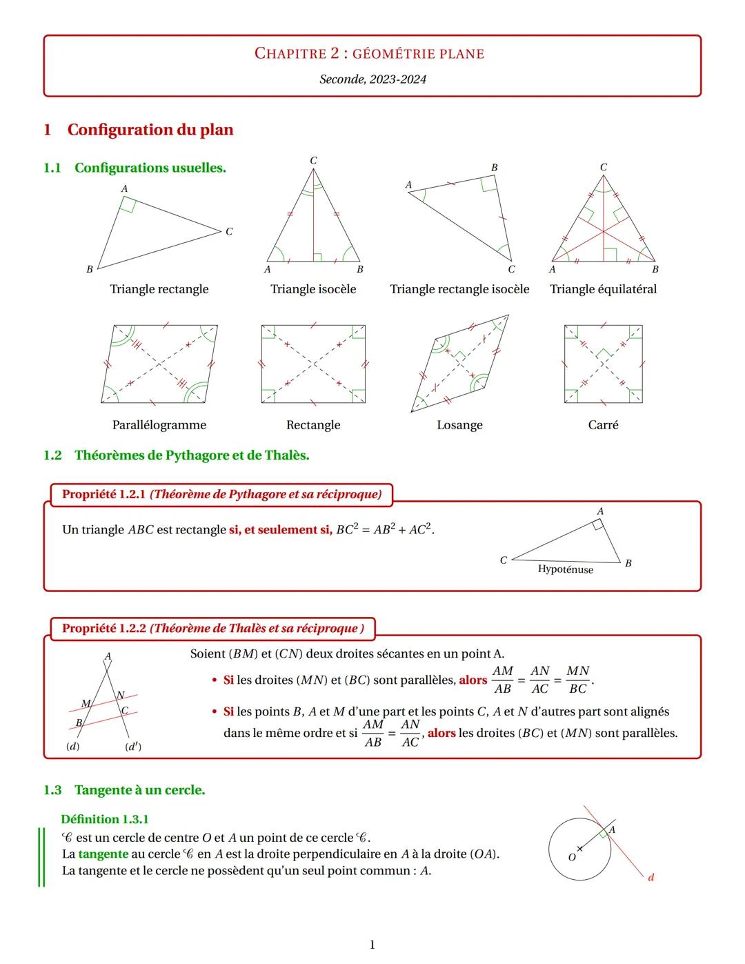 1 Configuration du plan
1.1 Configurations usuelles.
A
B
Triangle rectangle
(d)
M
Parallelogramme
1.2 Théorèmes de Pythagore et de Thalès.
N
