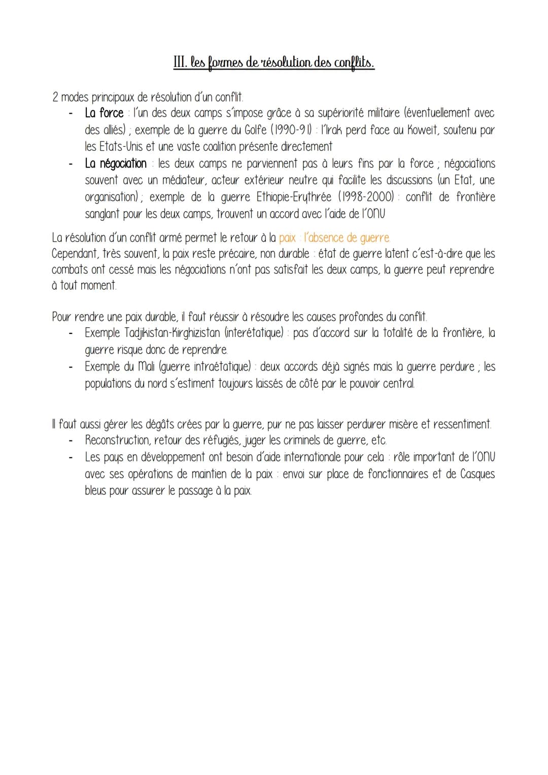 Thème 2: Faire la guerre, faire la paix.
Chapitre d'introduction : forme de conflits et tentatives de paix dans le monde actuel.
Conflit = o