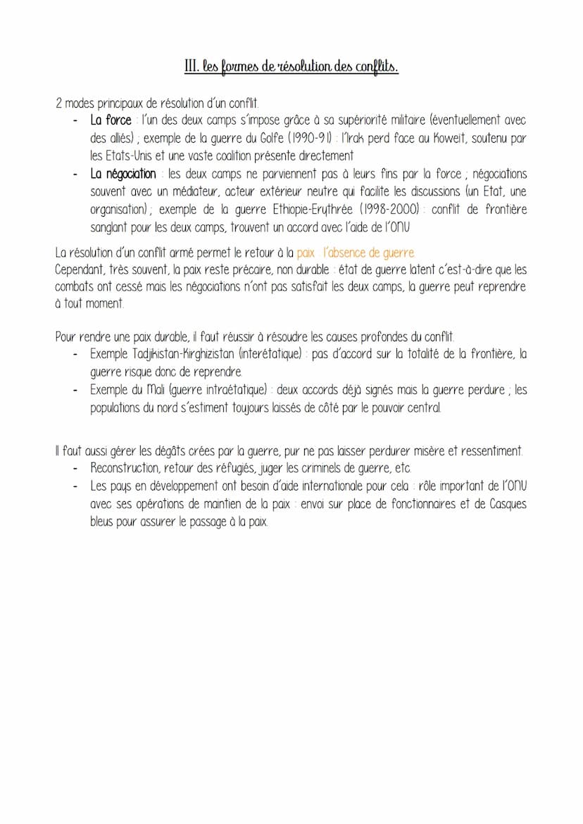 Thème 2: Faire la guerre, faire la paix.
Chapitre d'introduction : forme de conflits et tentatives de paix dans le monde actuel.
Conflit = o
