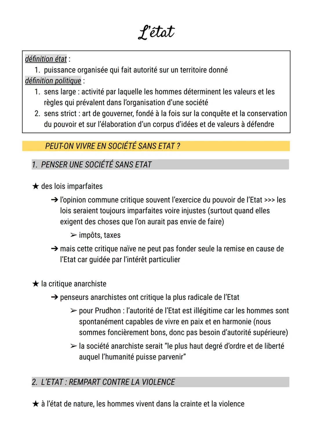 L'état
définition état :
1. puissance organisée qui fait autorité sur un territoire donné
définition politique :
1. sens large activité par 
