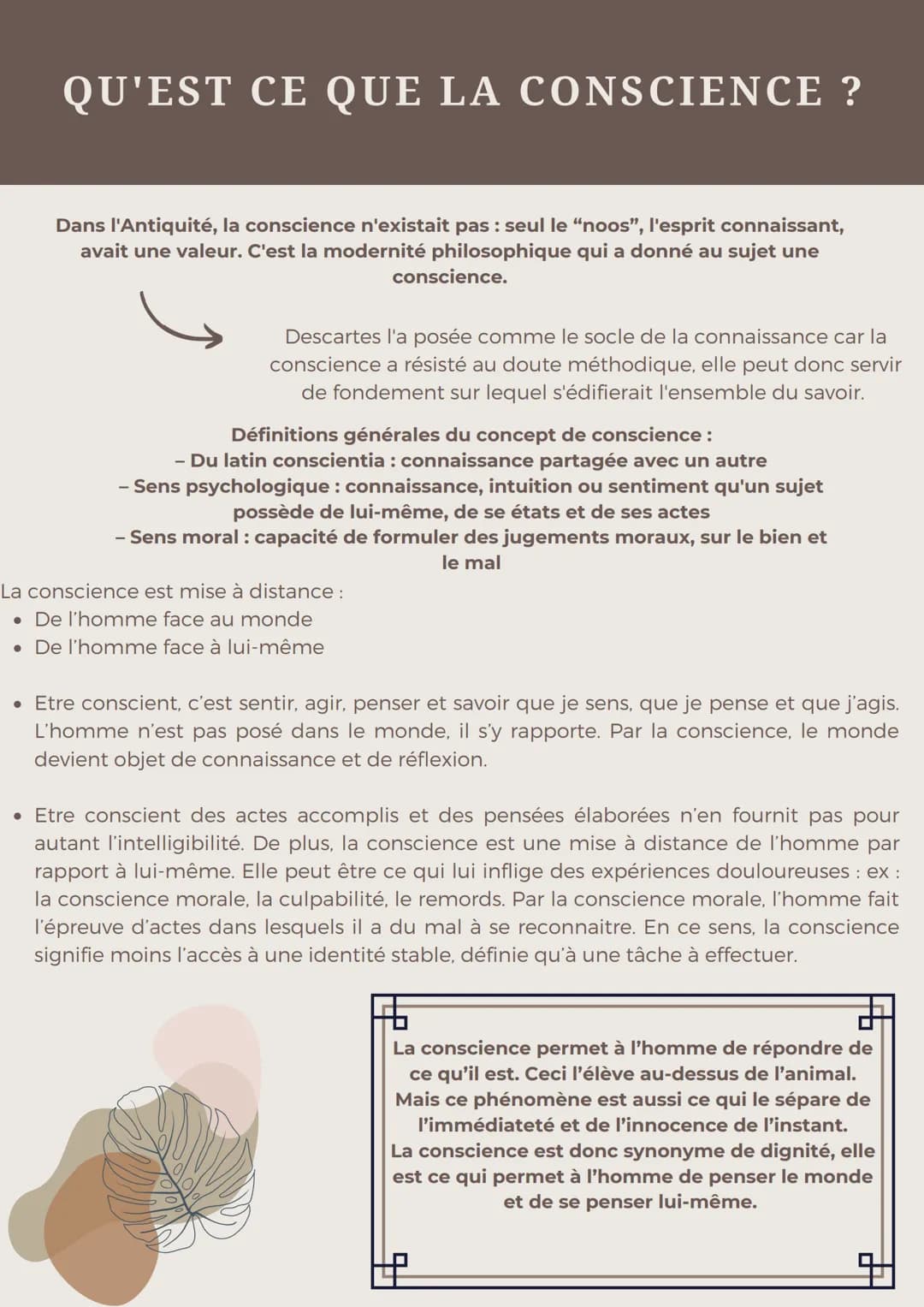 QU'EST CE QUE LA CONSCIENCE ?
Dans l'Antiquité, la conscience n'existait pas : seul le “noos", l'esprit connaissant,
avait une valeur. C'est