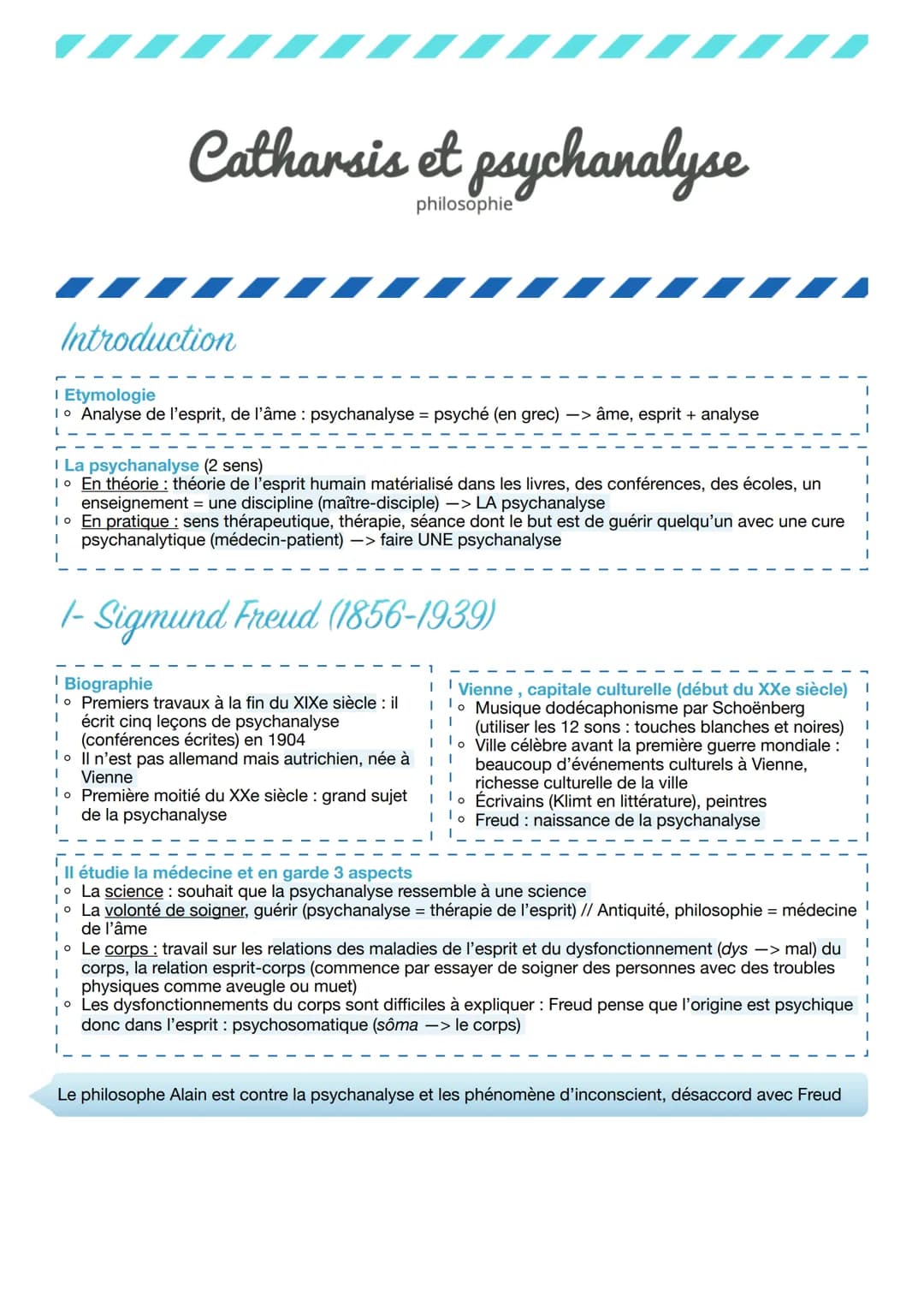 Catharsis et psychanalyse
philosophie
Introduction
I Etymologie
1o Analyse de l'esprit, de l'âme: psychanalyse = psyché (en grec) -> âme, es