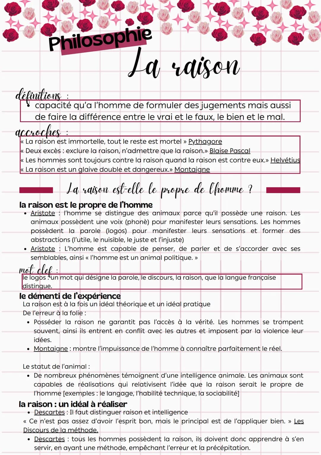 Philosophie
définitions
:
La raison
capacité qu'a l'homme de formuler des jugements mais aussi
de faire la différence entre le vrai et le fa