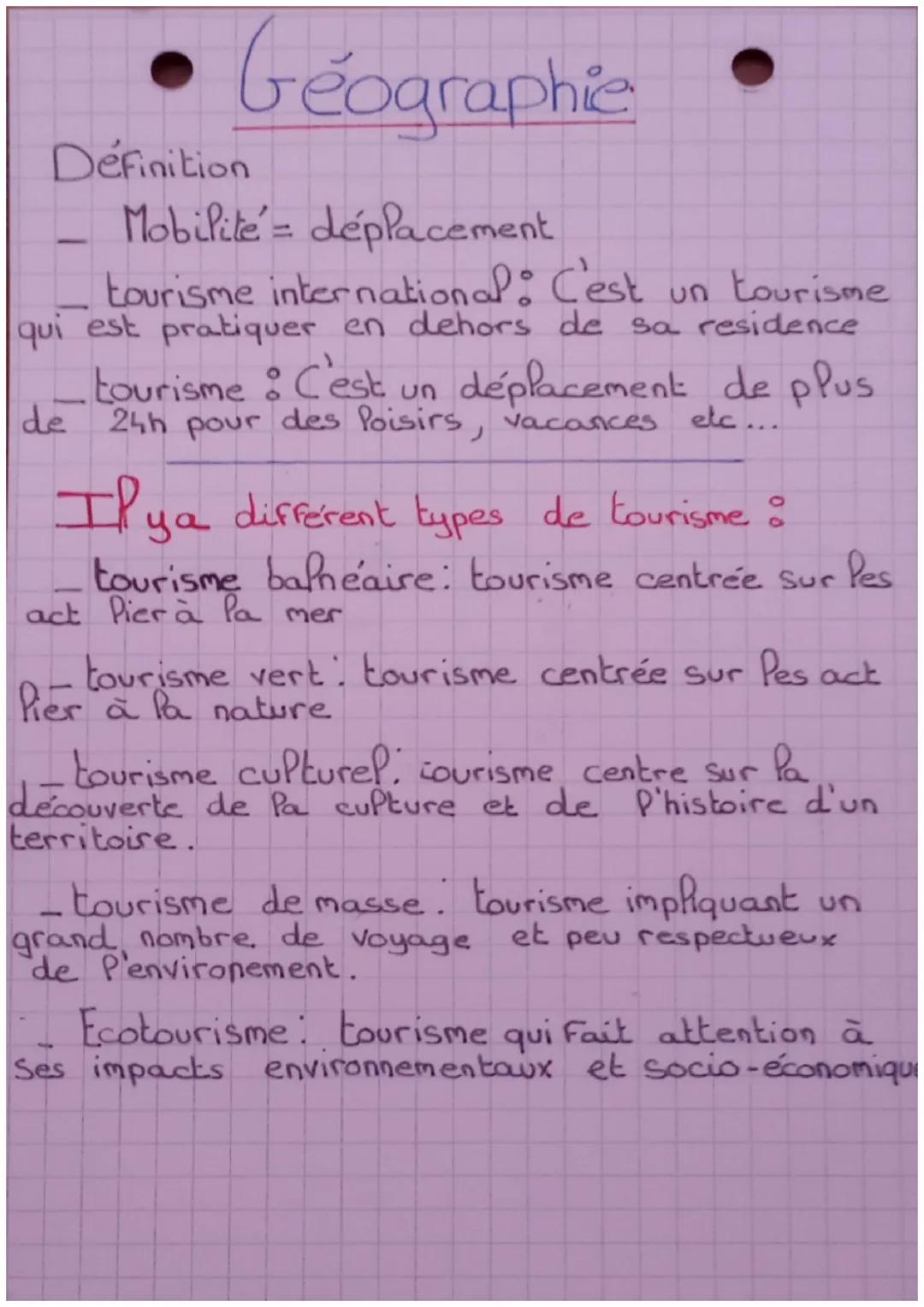 - Géographie

Definition
- Mobilité' = déplacement
- tourisme international: C'est un tourisme
qui est pratiquer en dehors de sa residence
-