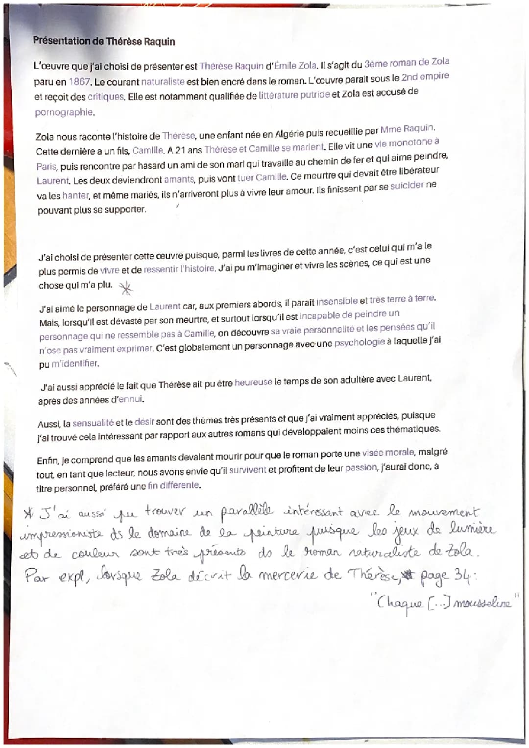 Présentation Thérèse Raquin - 2ème partie d’oral de français