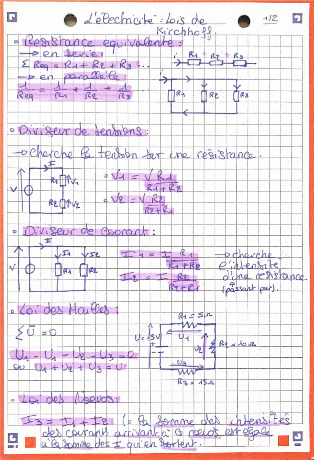 L'électricité : Lois de
Kirchhoff
• Resistance equivalente:
- en serie:
Σ Req = R1+ R2 + R3..
-> en parallele
Req
R₁
R2
+
लै
R2
R3
FIRE FIRS