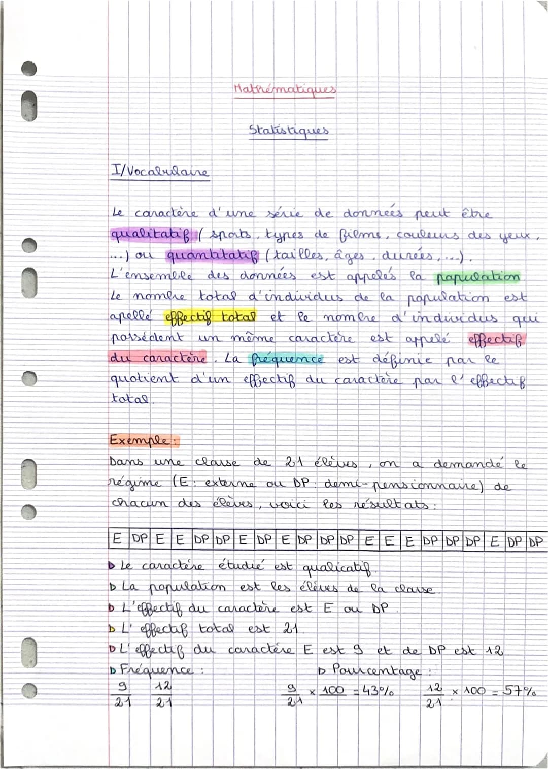 I/Vocabulaire
Mathématiques
Le caractère d'une série de données peut être
qualitatif / sports, types de films, couleurs des yeux,
(...) ou q