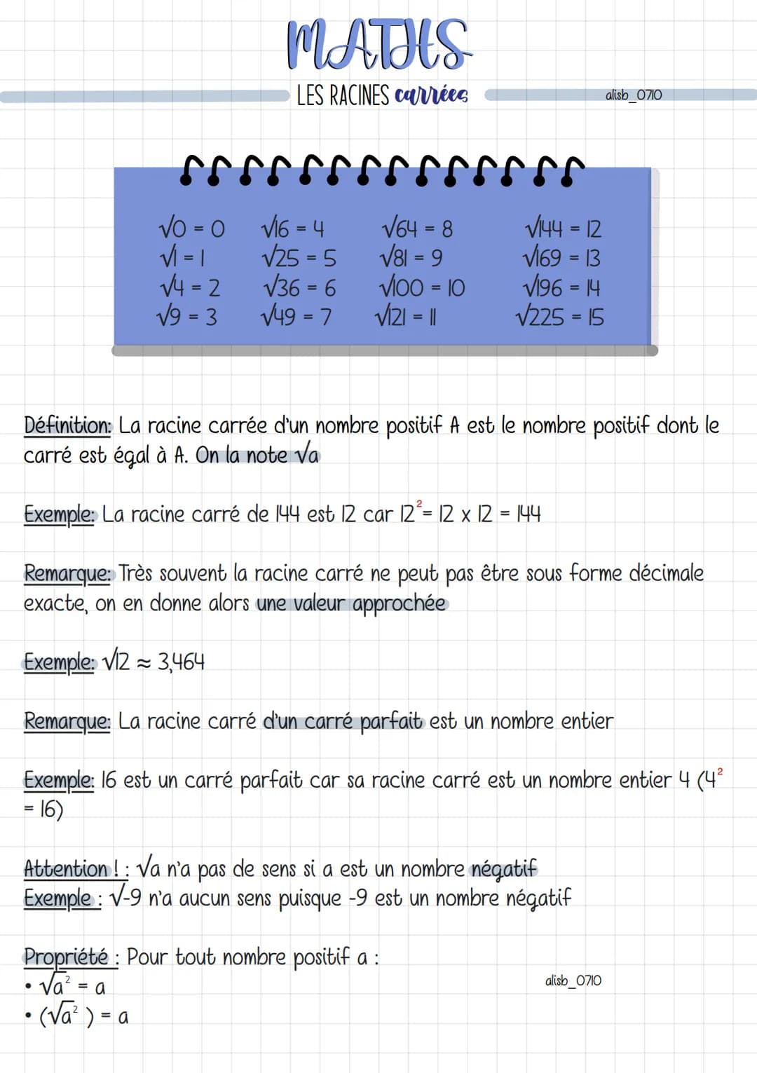 MATHS
LES RACINES carrées
rrrrr
√16 = 4
√25=5
Vo = 0
√1-1
√4=2
√9 = 3
√36 = 6
√49 = 7
√64 = 8
√81 - 9
=
✓100 = 10
√121 = 11
ross
√144 = 12
√