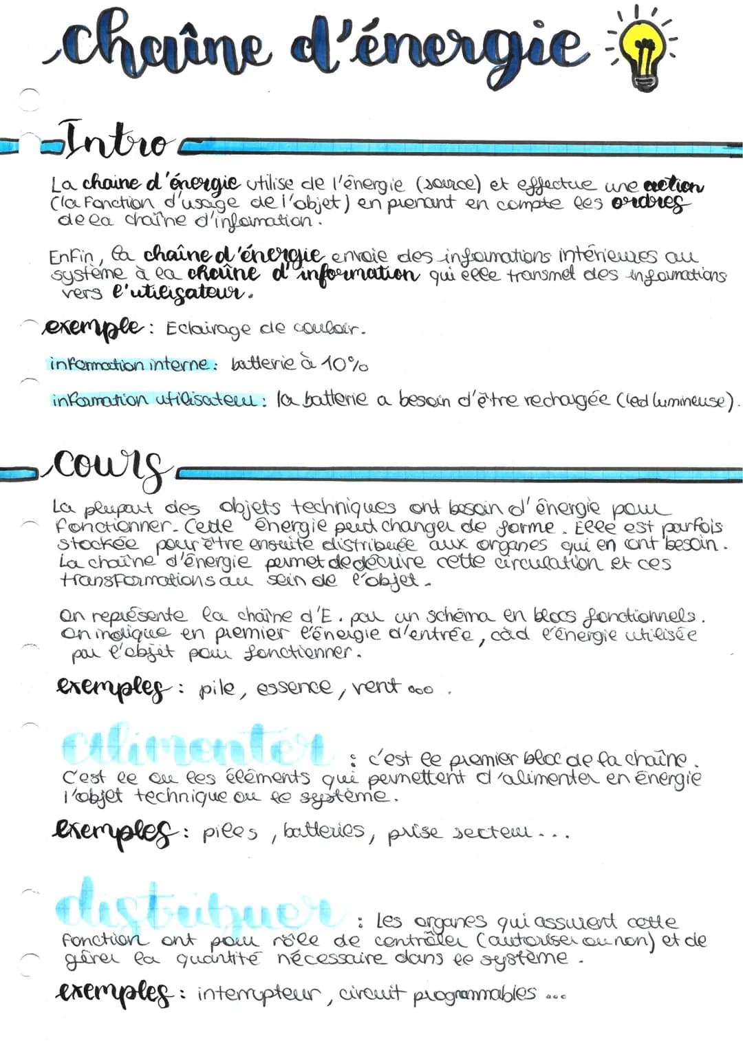 chaîne d'énergie
- Intro
La chaine d'énergie utilise de l'énergie (source) et effectue une action
(la fonction d'usage de l'objet) en plenan