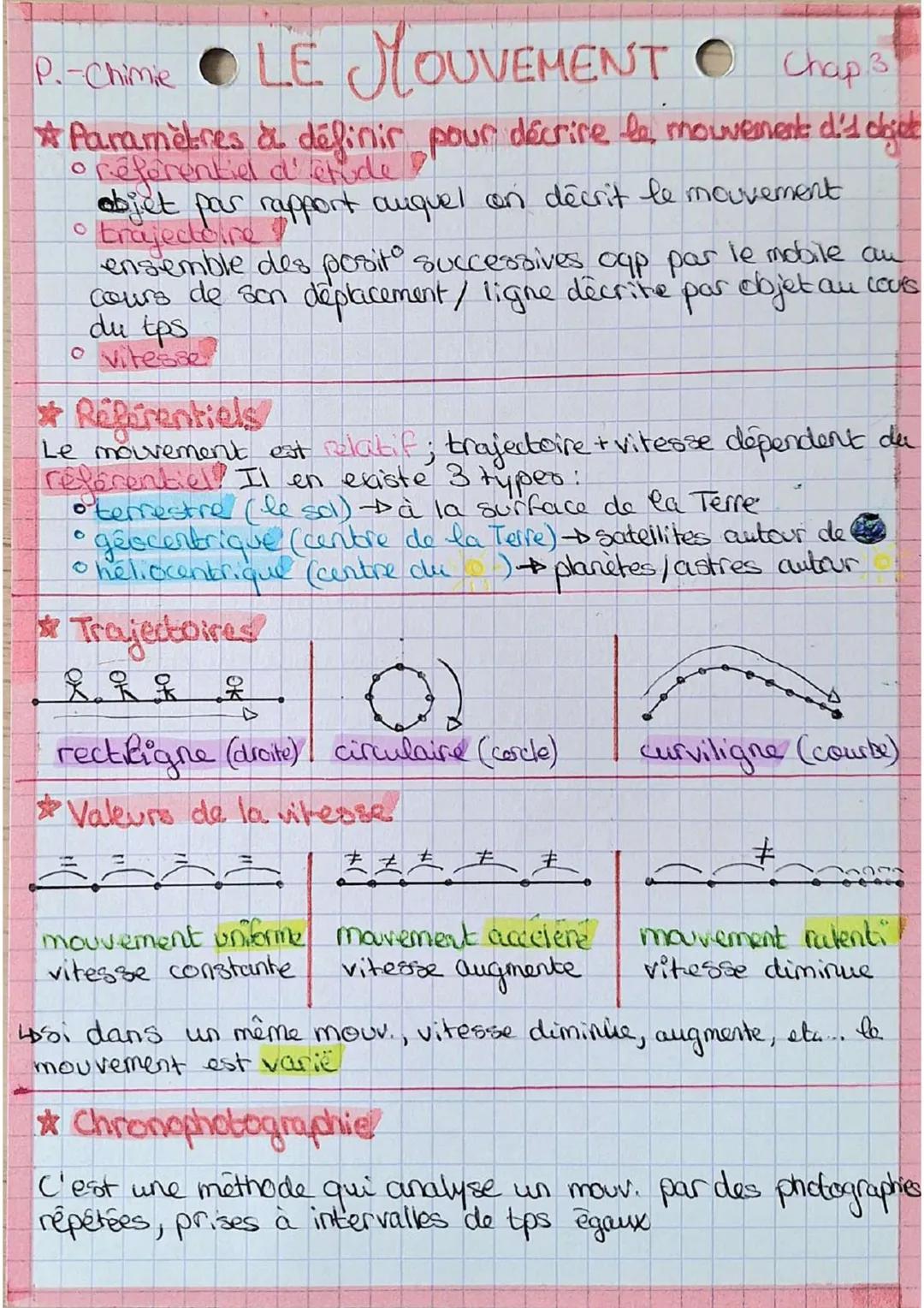 P.-Chimie LE MOUVEMENT Chap 3
* Paramètres à définir pour décrire le mouvement d'1 dijet
• référentiel d'étude
O objet par rapport auquel on