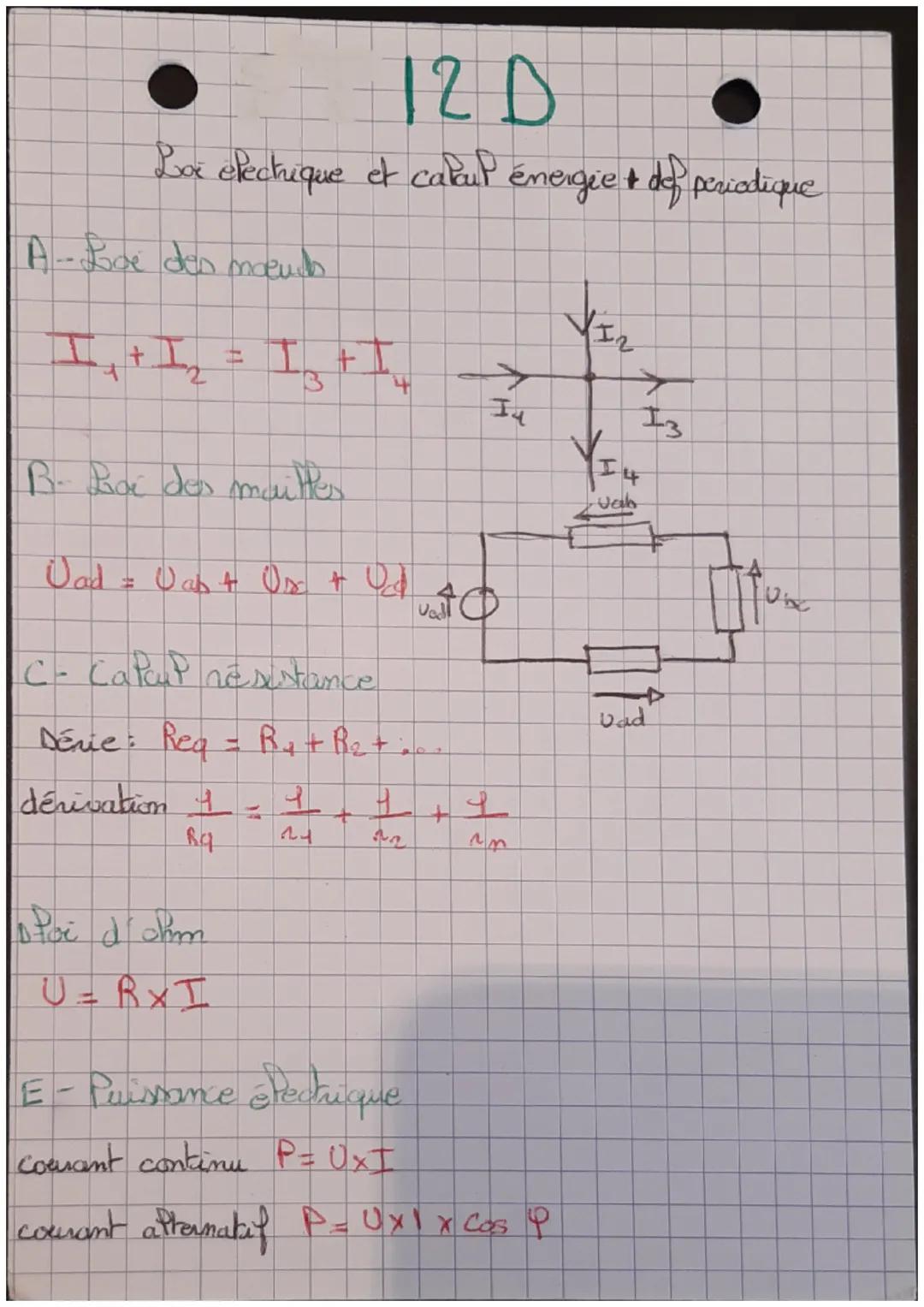 12 D
Loi electrique et calcul énergie + de periodique
A-Boe des mouch
न
+I
B. Pode dos muittes
Uad = Uab + Us + Udd
4
14
C- Calcul résistanc