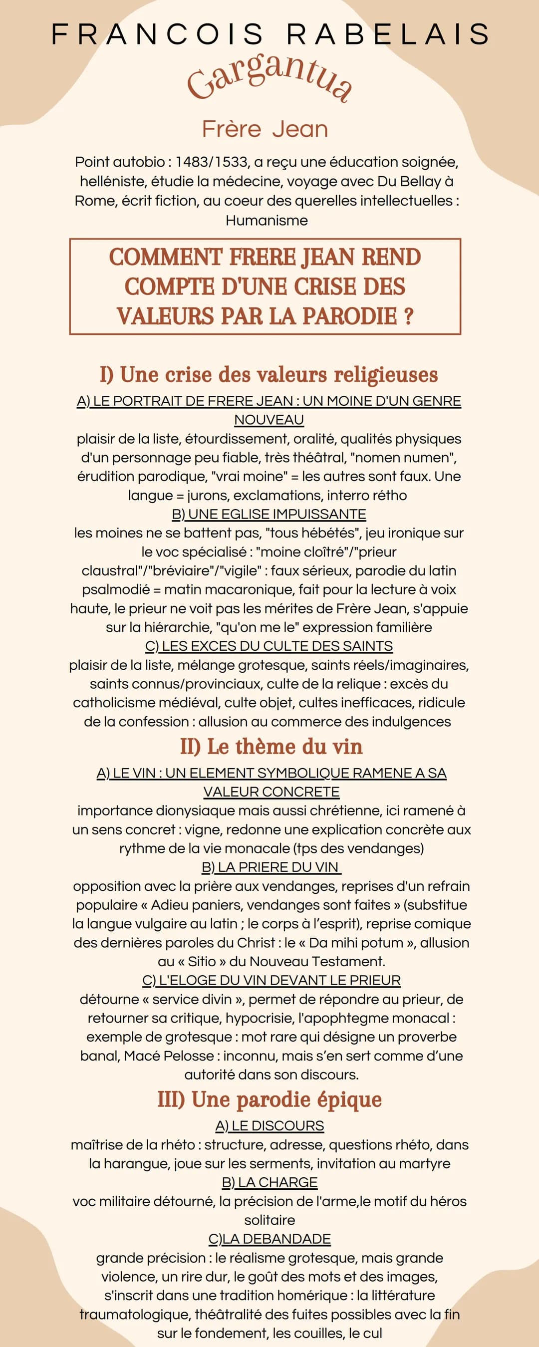 FRANCOIS RABELAIS
Gargantua
Frère Jean
Point autobio: 1483/1533, a reçu une éducation soignée,
helléniste, étudie la médecine, voyage avec D