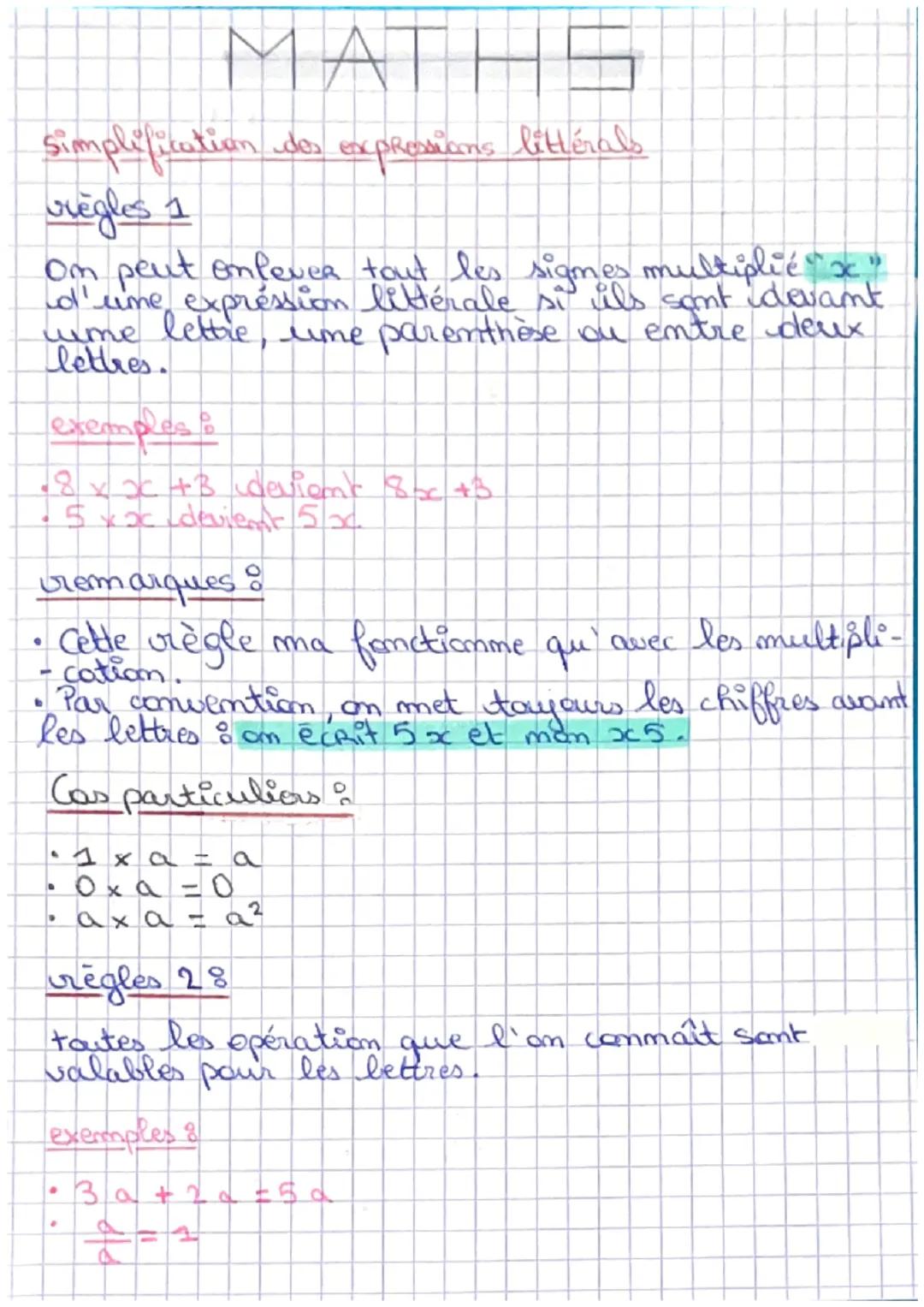 # MATHS

Simplification des expressions littérals

règles 1

On peut onfever tout les sigmes multiplié"x"
d'ume expression littérale si ils 