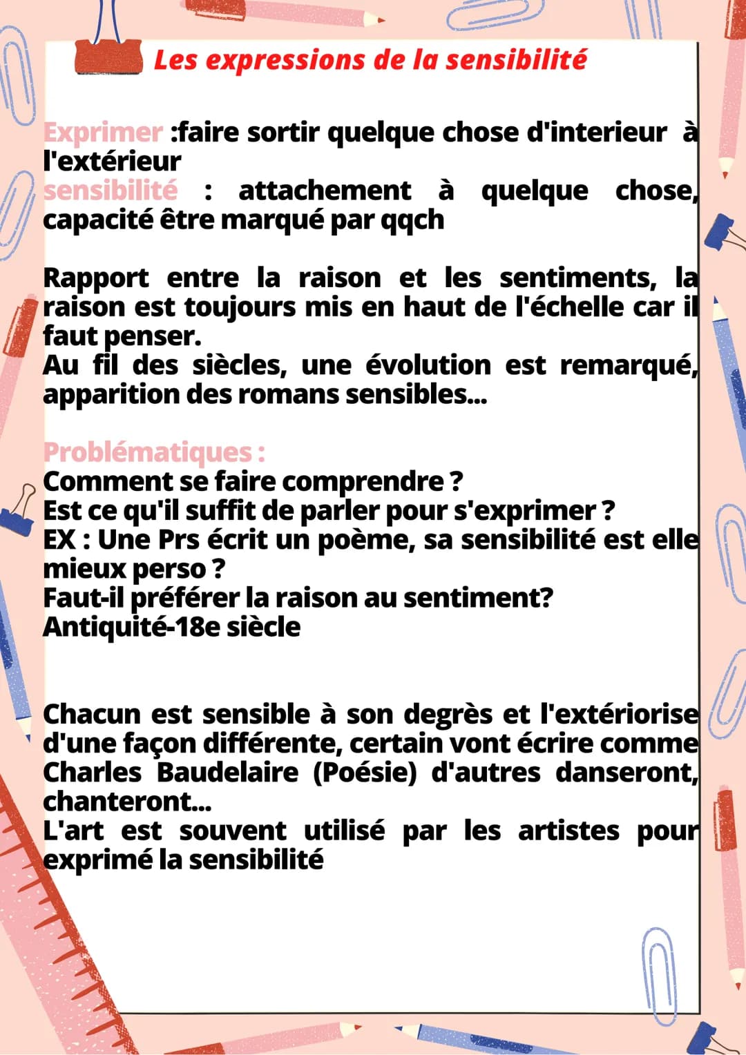▼
Les expressions de la sensibilité
Exprimer :faire sortir quelque chose d'interieur à
l'extérieur
sensibilité: attachement à quelque chose,