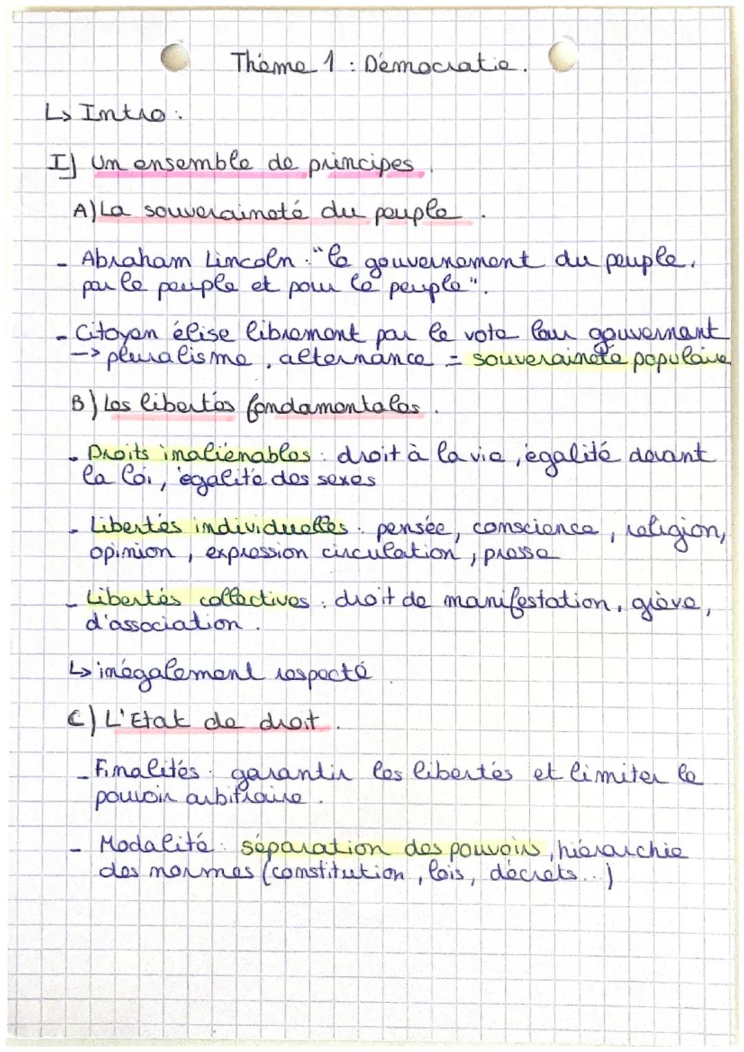 Theme 1: Democratie.
Ls Intro:
I) Un ensemble de principes.
A) La souveraineté du peuple
Abraham Lincoln. "Le gouvernement du peuple.
par le