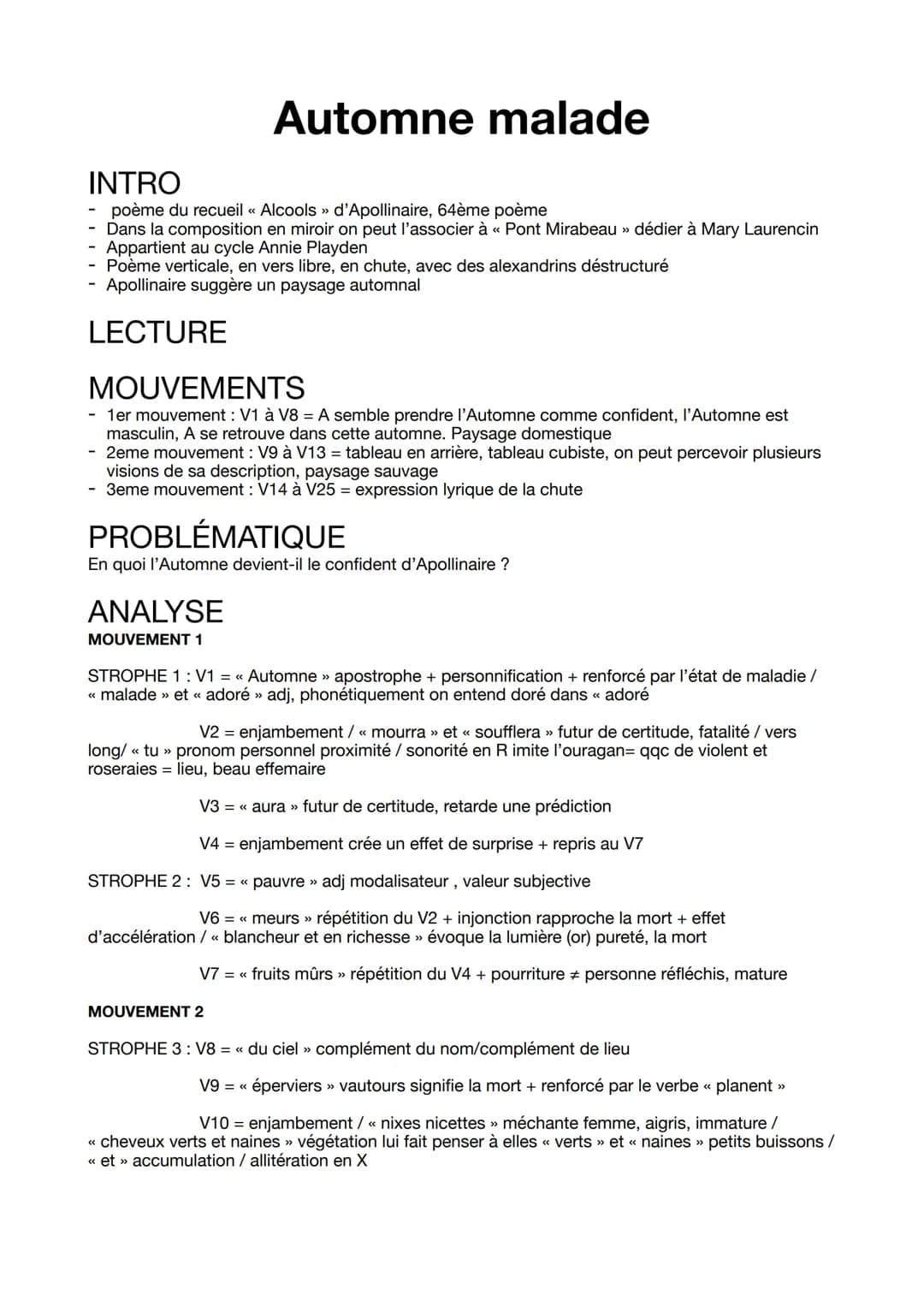 Automne malade
INTRO
- poème du recueil << Alcools » d'Apollinaire, 64ème poème
Dans la composition en miroir on peut l'associer à « Pont Mi