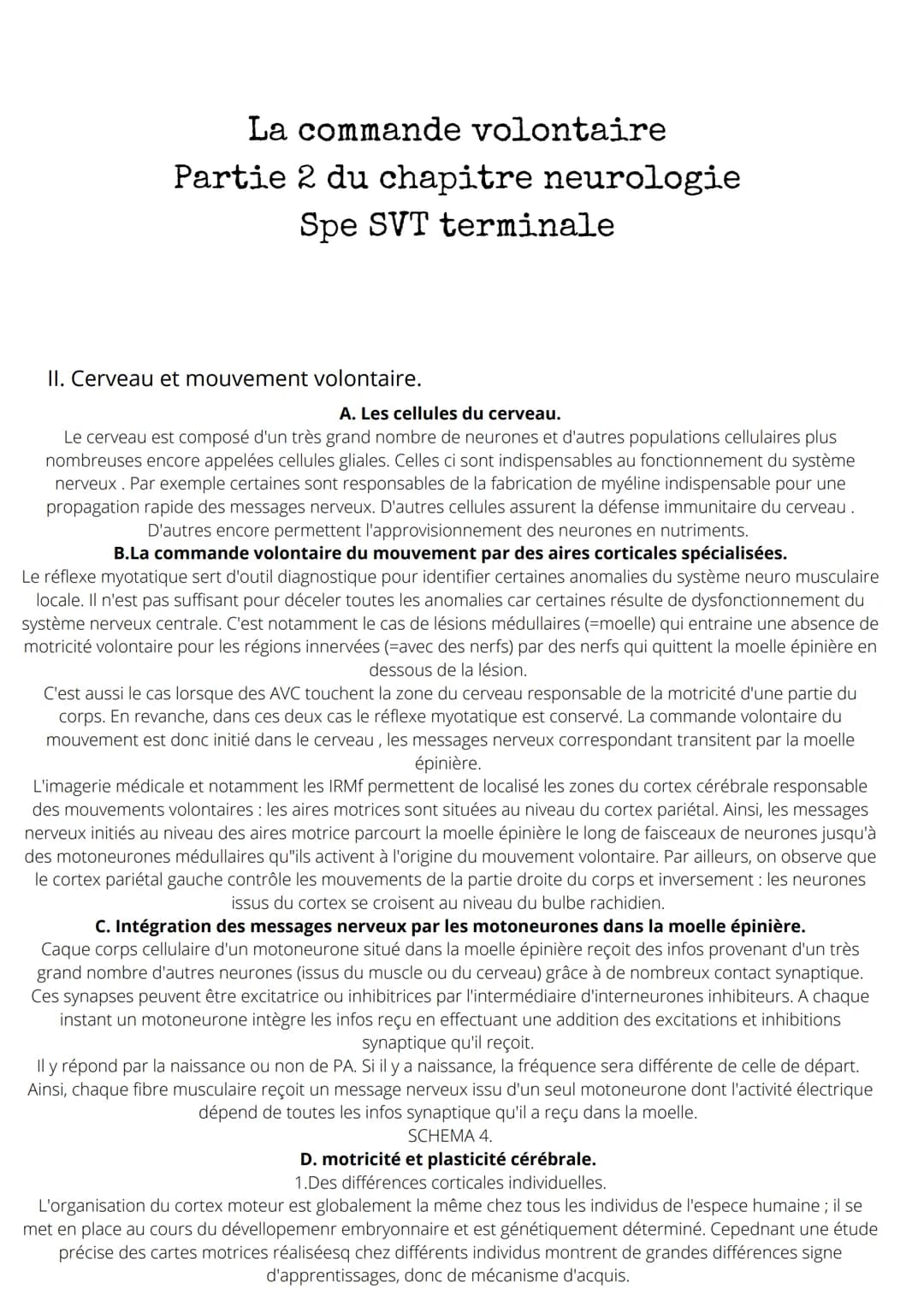 La commande volontaire
Partie 2 du chapitre neurologie
Spe SVT terminale
II. Cerveau et mouvement volontaire.
A. Les cellules du cerveau.
Le