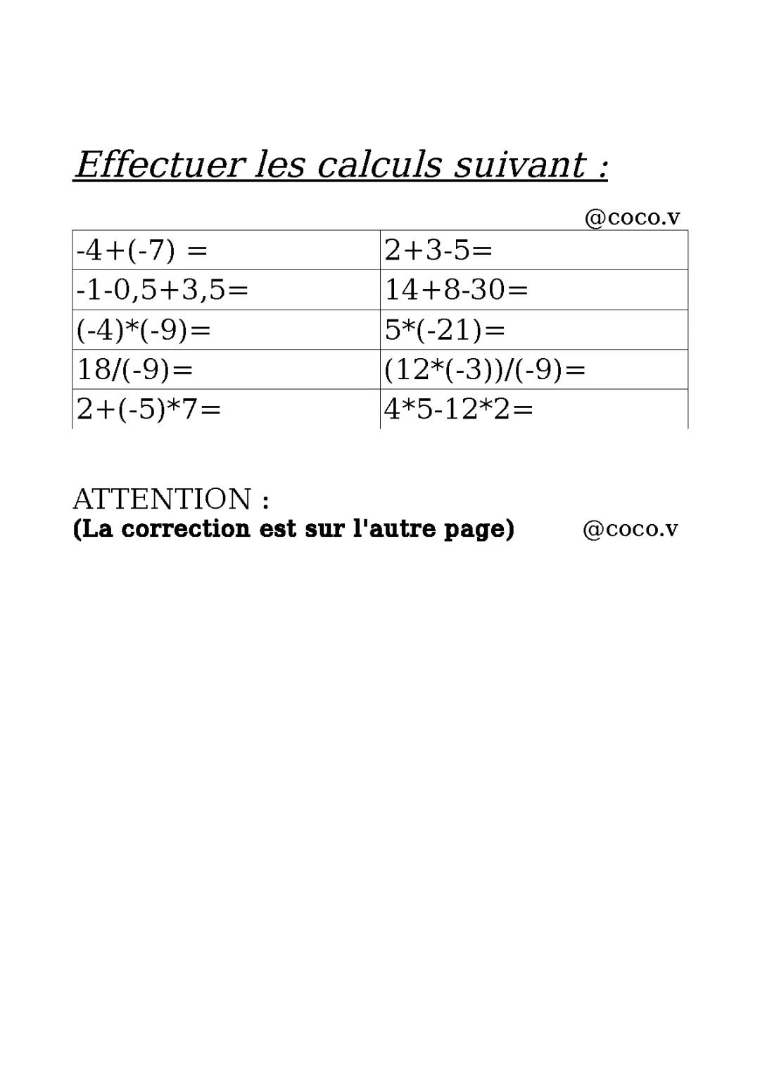 Exercice de calcul de 5ème-4ème 