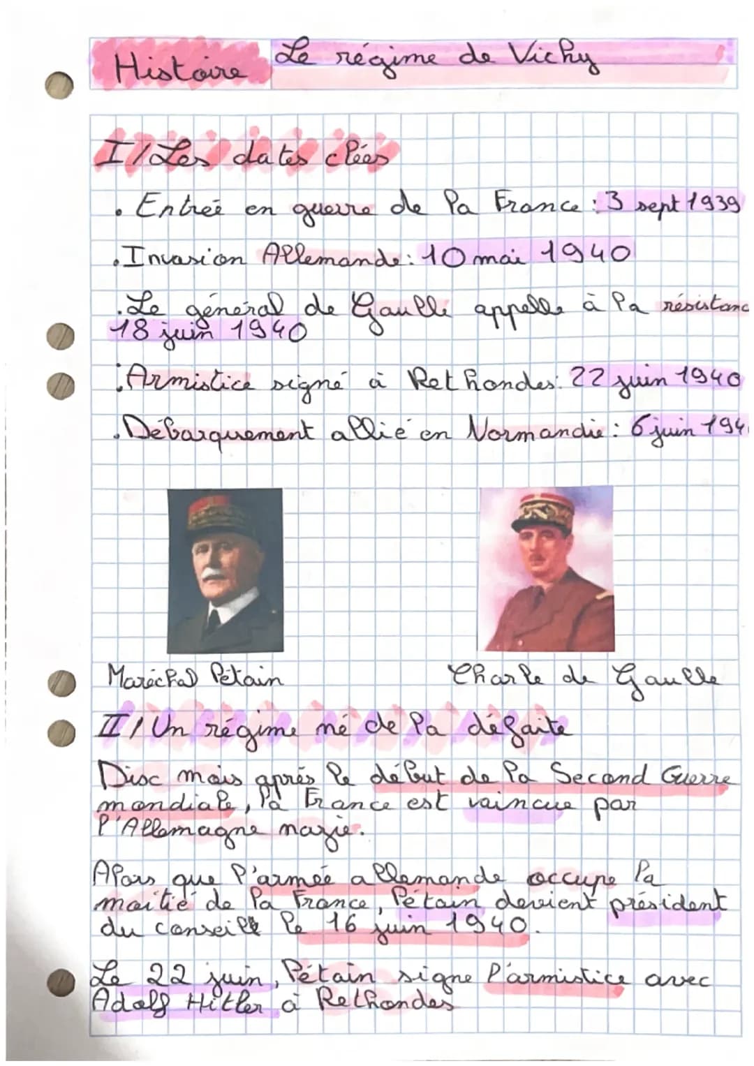 Histoire Le régime de Vichy
Il Les dates clées
• Entrée en guerre de Pa France : 3 sept 1939
• Invasion Allemande: 10 mai 1940
•
Le général 