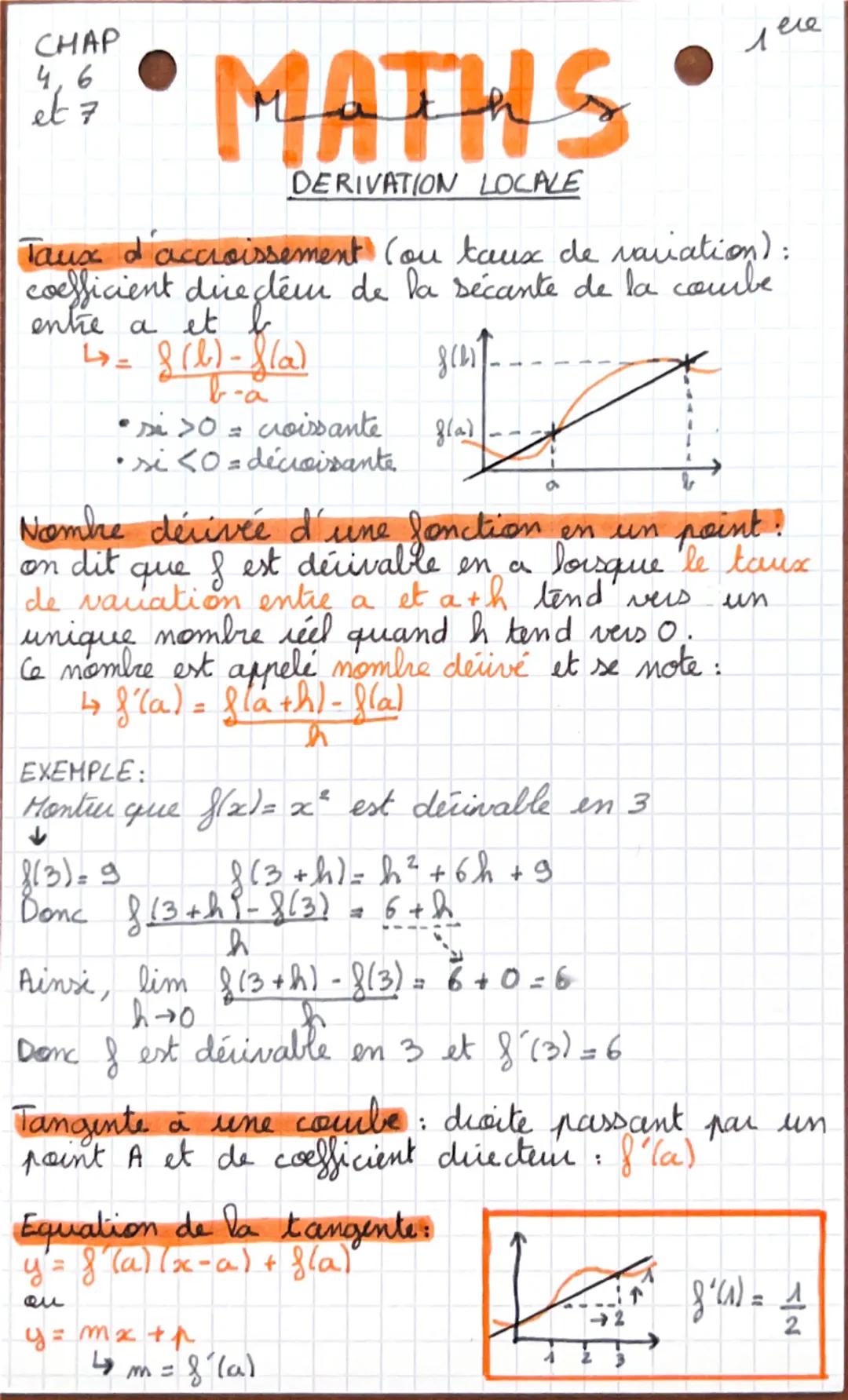 CHAP
4,6
et 7
MATHS
лесе
DERIVATION LOCALE
Taux d'accroissement (ou taux de variation):
coefficient directem de la sécante de la combe
a et 