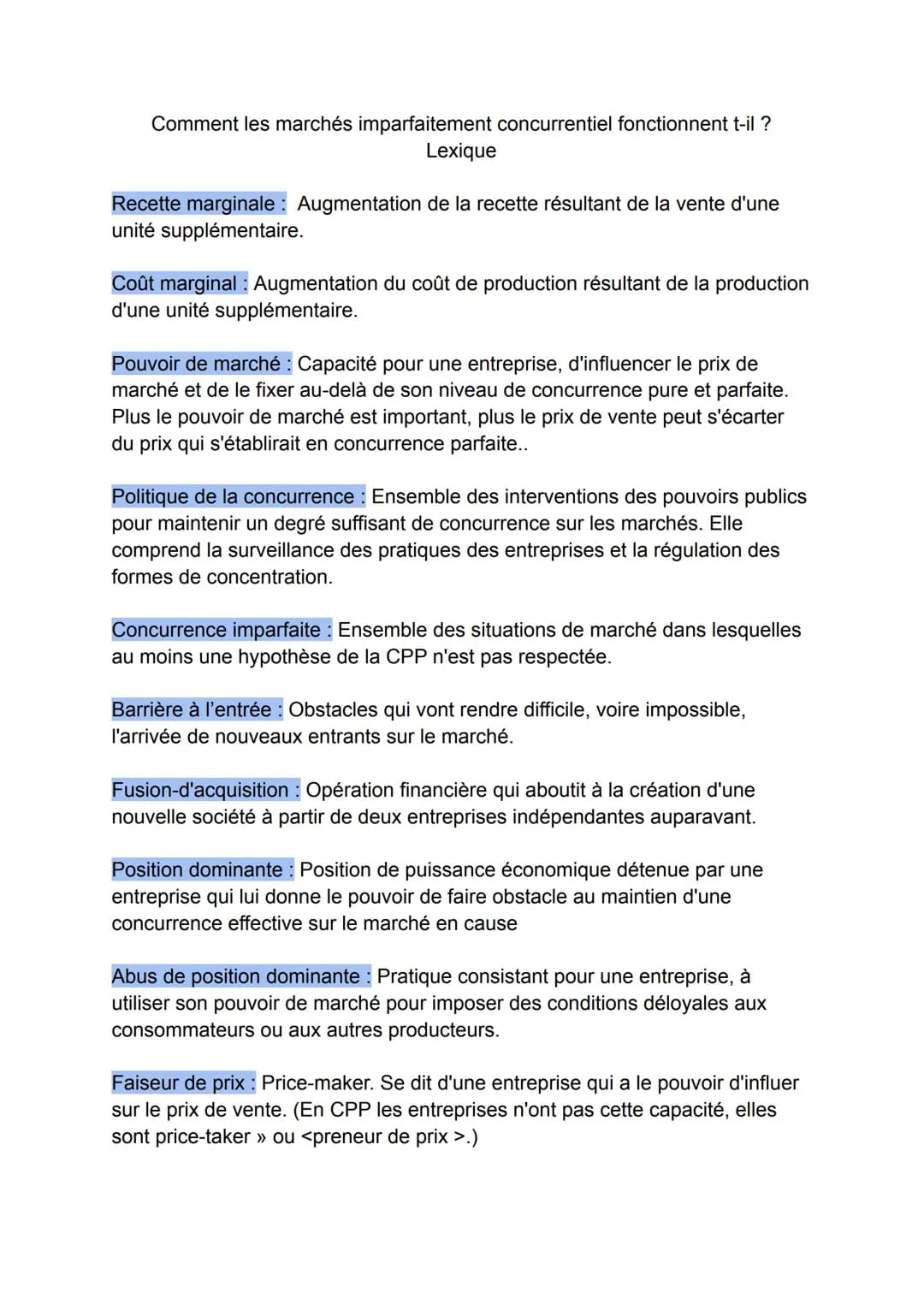 Comment les marchés imparfaitement concurrentiel fonctionnent t-il ?
Lexique
Recette marginale: Augmentation de la recette résultant de la v
