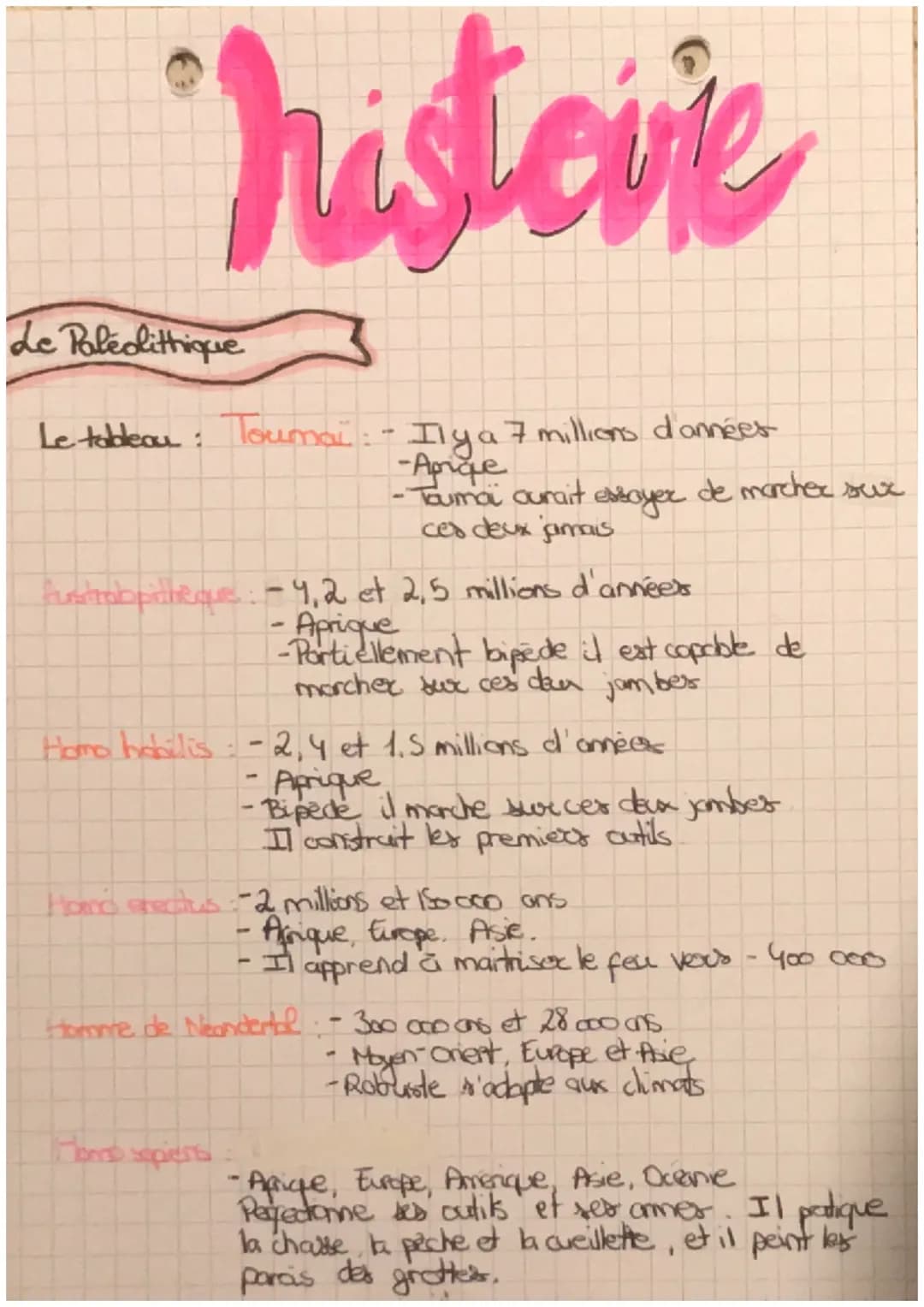 histevie
Le Paleolithique
Le tableau : Toumai: - Il y a 7 millions d'années
-Apique
-Toumai ourait
ces deux jamais
Austrabpithèque: -4,2 et 
