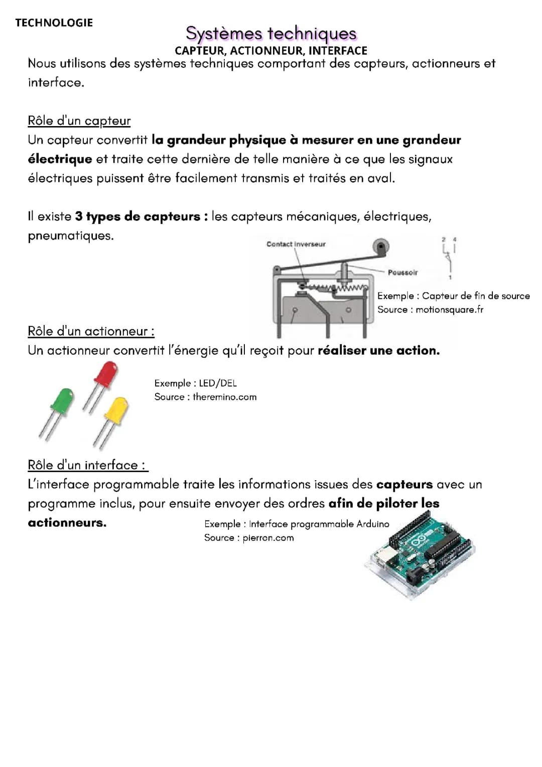 Exercices corrigés capteurs et actionneurs PDF - Technologie 4ème