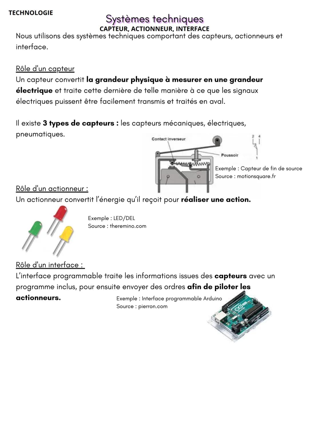 TECHNOLOGIE
Systèmes techniques
CAPTEUR, ACTIONNEUR, INTERFACE
Nous utilisons des systèmes techniques comportant des capteurs, actionneurs e