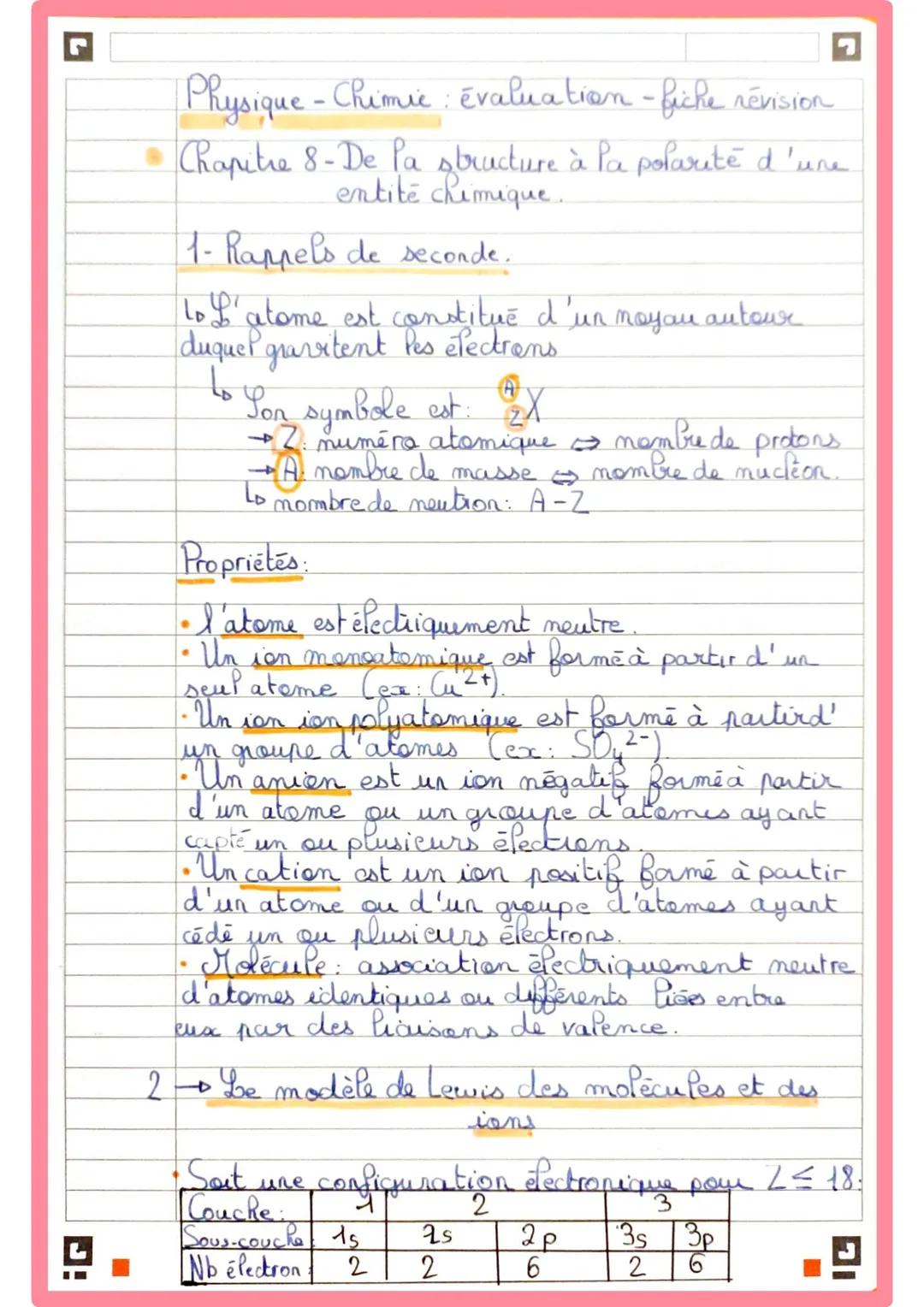 I
Physique - Chimie : évaluation - fiche révision
• Chapitre 8-De la structure à la polarité d'une
entité chimique.
1. Rappels de seconde.
t