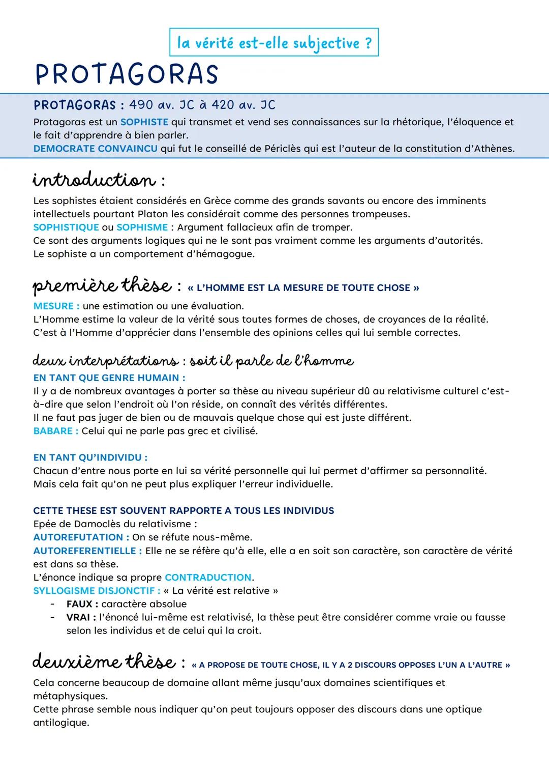 la vérité est-elle subjective ?
PROTAGORAS
PROTAGORAS: 490 av. JC à 420 av. JC
Protagoras est un SOPHISTE qui transmet et vend ses connaissa