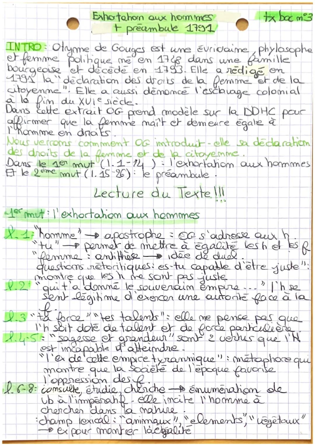 Adresse aux hommes et Préambule de Olympe de Gouges - Analyse Linéaire, Déclaration des Droits de la Femme PDF