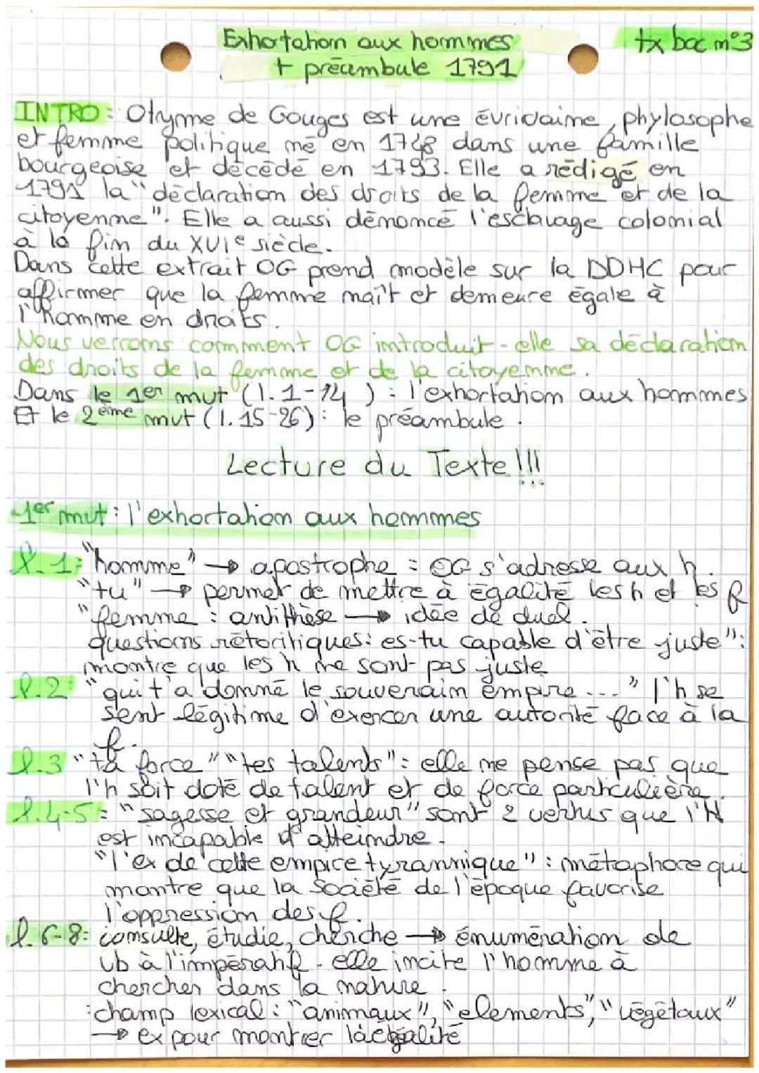 Adresse aux hommes et Préambule de Olympe de Gouges - Analyse Linéaire, Déclaration des Droits de la Femme PDF