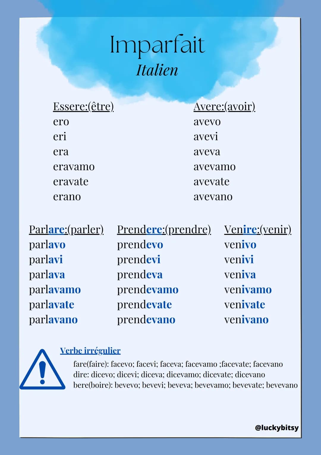 Essere:(être)
ero
eri
era
eravamo
eravate
erano
Parlare:(parler)
parlavo
parlavi
parlava
Imparfait
Italien
parlavamo
parlavate
parlavano
Ave