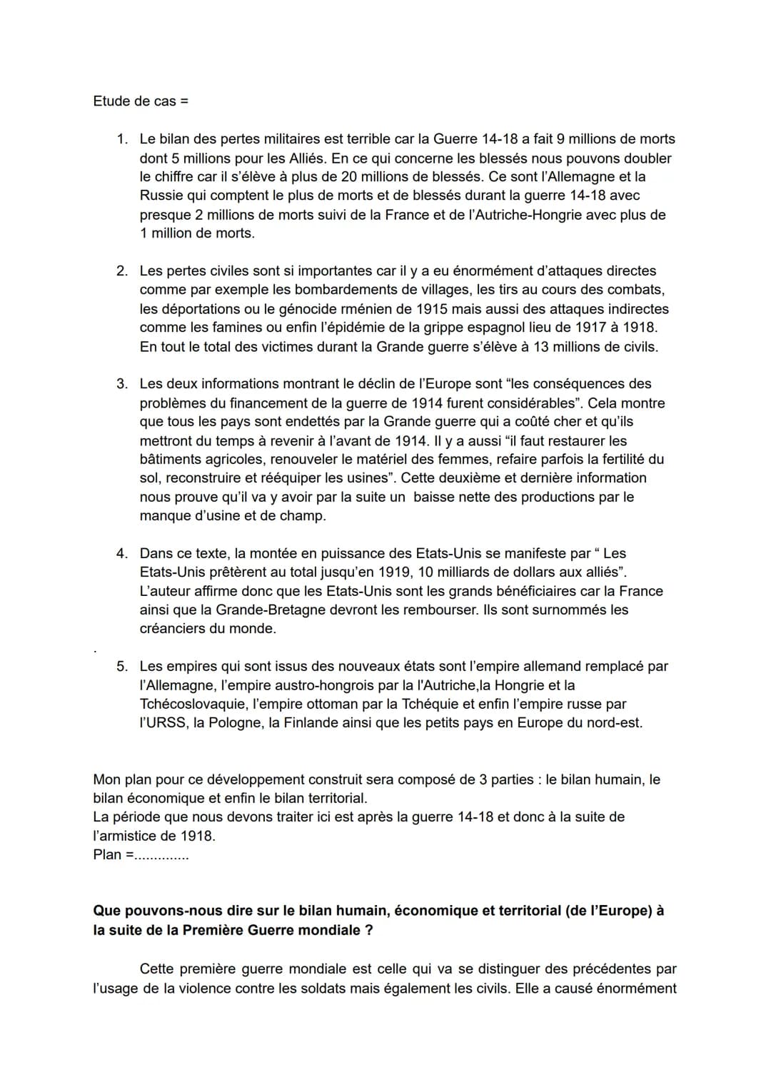 Etude de cas =
1. Le bilan des pertes militaires est terrible car la Guerre 14-18 a fait 9 millions de morts
dont 5 millions pour les Alliés
