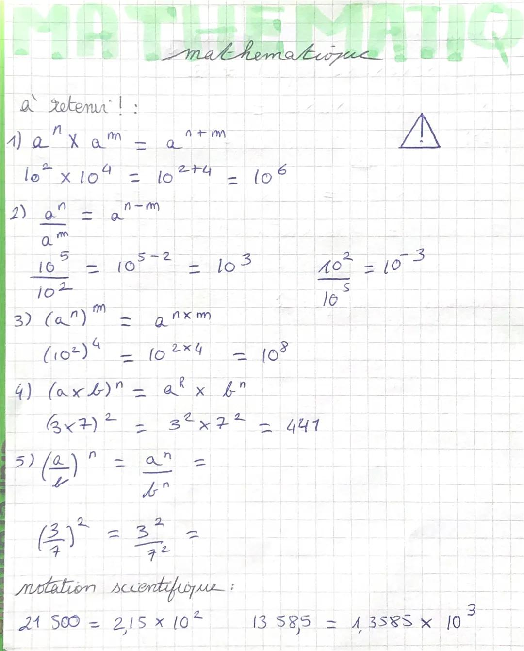 mathematioquc

à retenir!:
1) $a^{n}$ x $a^{m}$ = $a^{n+m}$

$10^{2}$ x $10^{4}$ = $10^{2+4}$ = $10^{6}$

2) $\frac{a^{n}}{a^{m}}$ = $a^{n-m