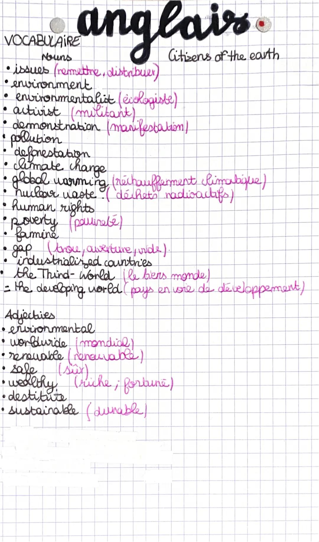 VOCABULAIRE
Nouns
anglais
• issues (remettre, distribuer)
• environment
Citizens of the earth
• environmentalist (ecologiste)
• activist (mi