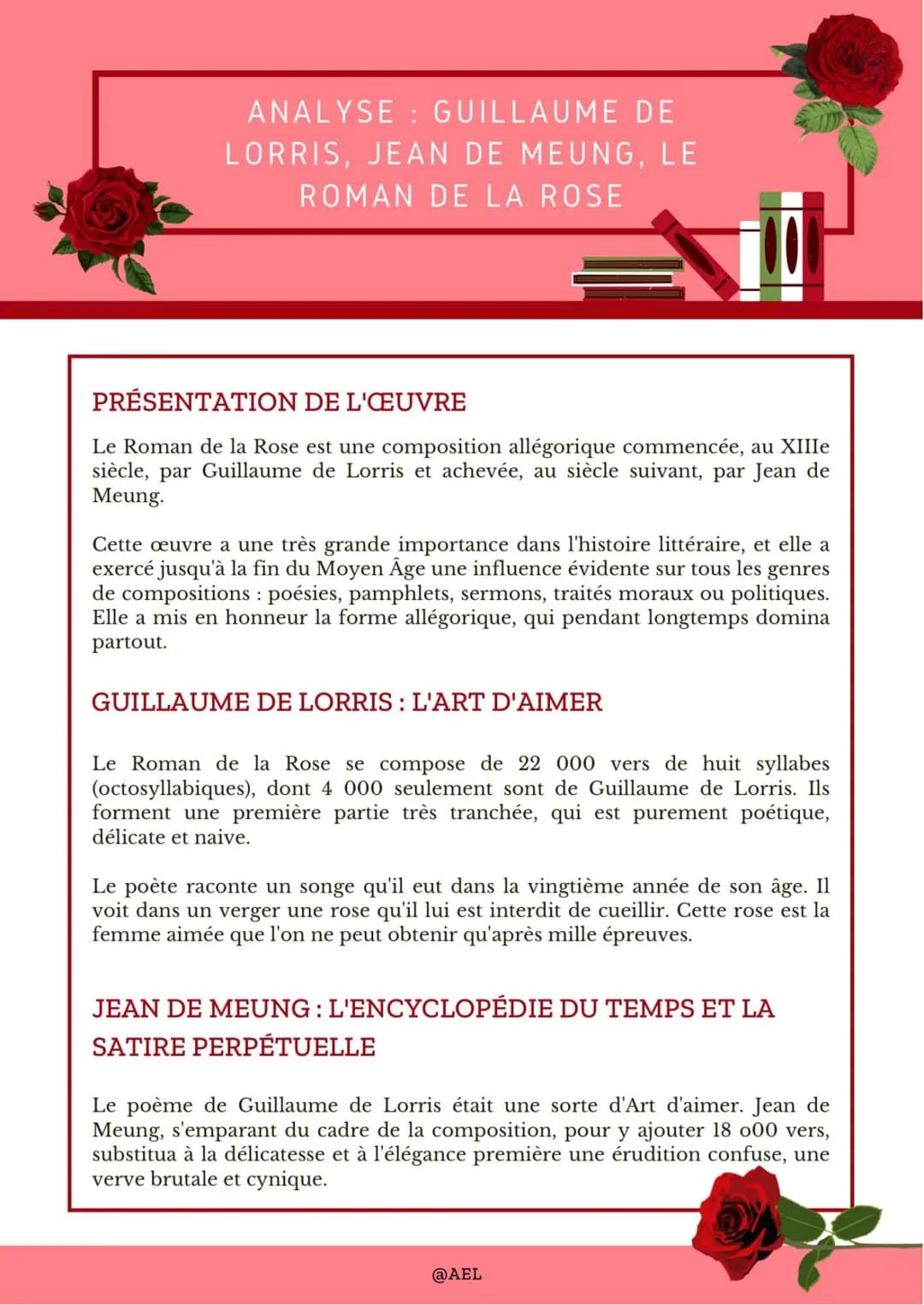ANALYSE: GUILLAUME DE
LORRIS, JEAN DE MEUNG, LE
ROMAN DE LA ROSE
PRÉSENTATION DE L'ŒUVRE
Le Roman de la Rose est une composition allégorique