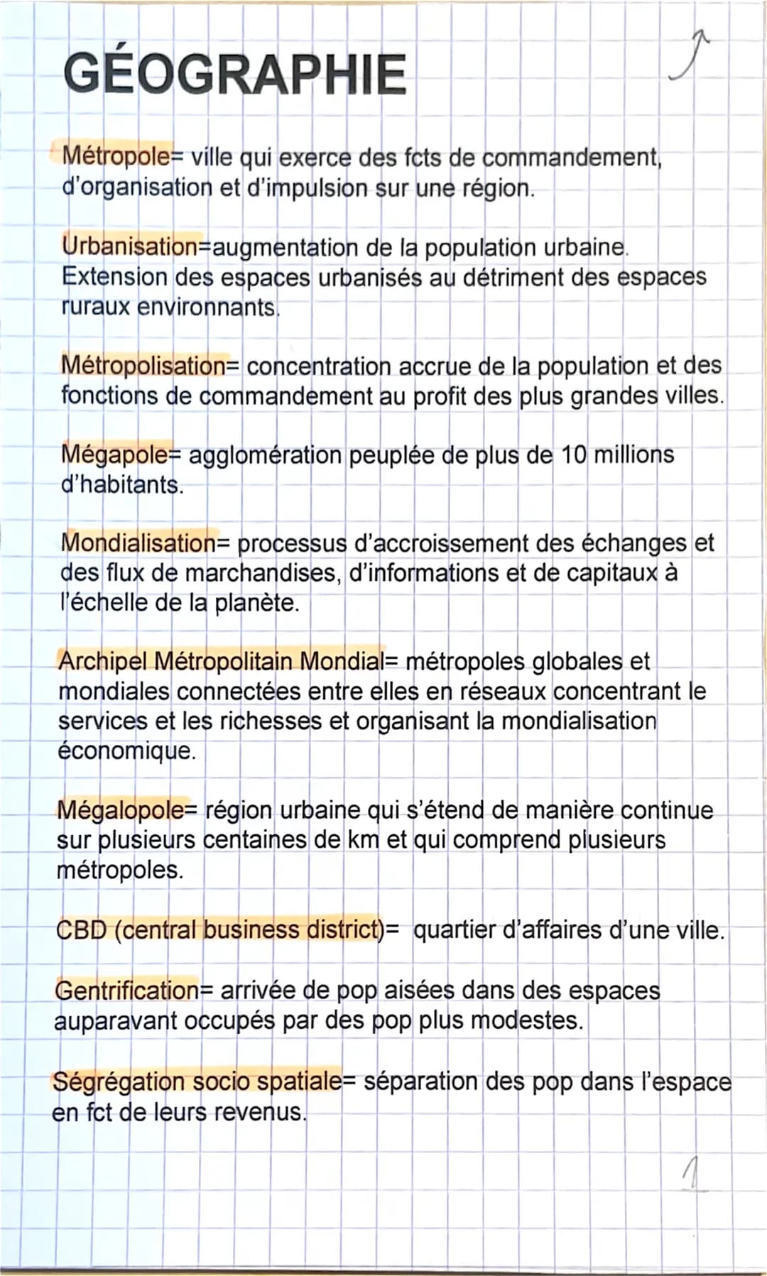 GÉOGRAPHIE
Métropole= ville qui exerce des fcts de commandement,
d'organisation et d'impulsion sur une région.
Urbanisation augmentation de 