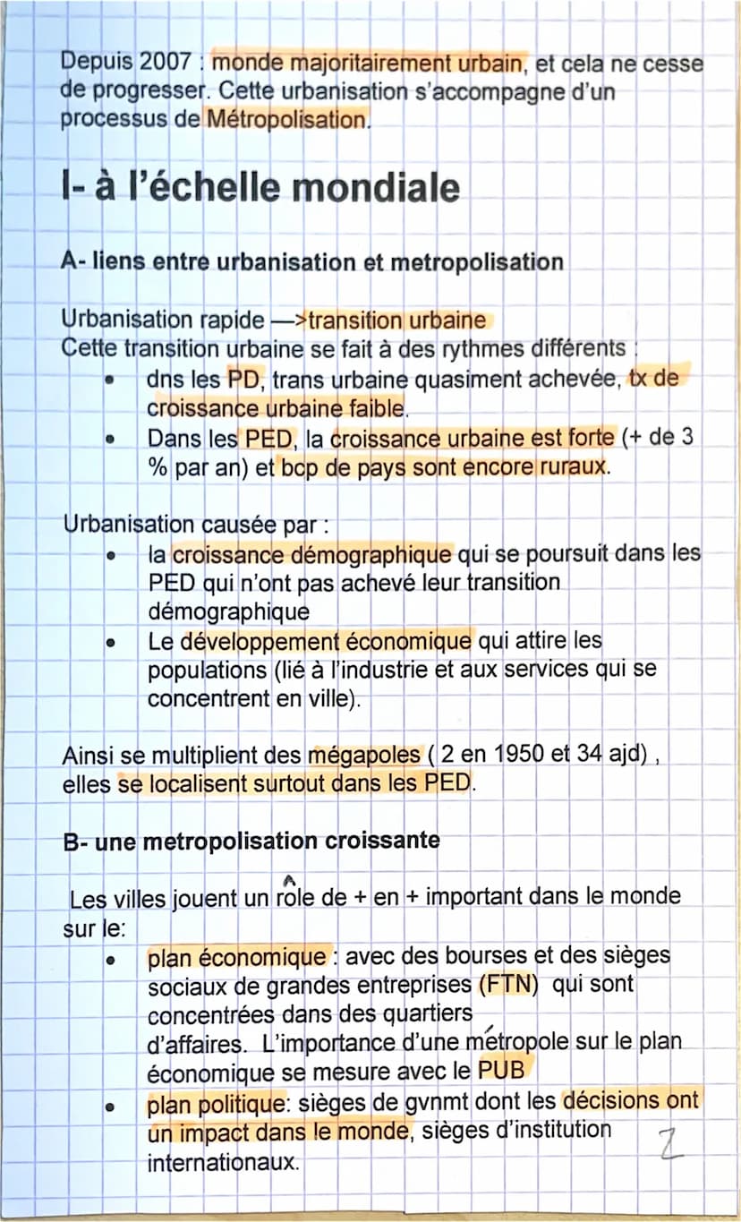 GÉOGRAPHIE
Métropole= ville qui exerce des fcts de commandement,
d'organisation et d'impulsion sur une région.
Urbanisation augmentation de 