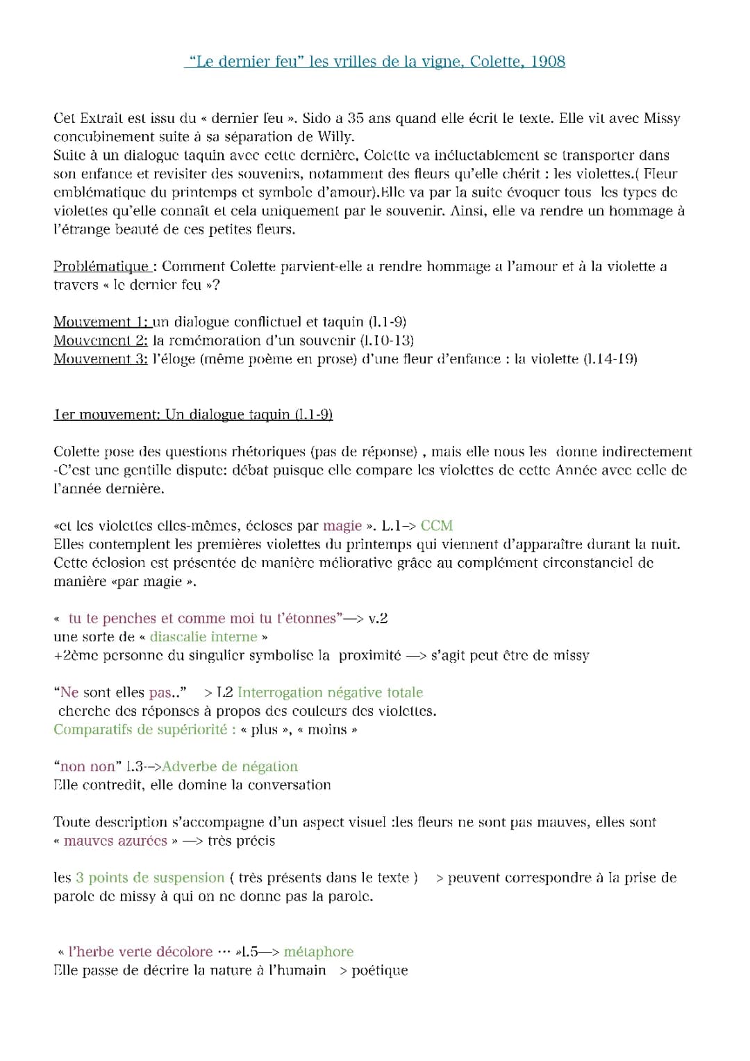 Analyse linéaire du texte Le Dernier Feu de Colette