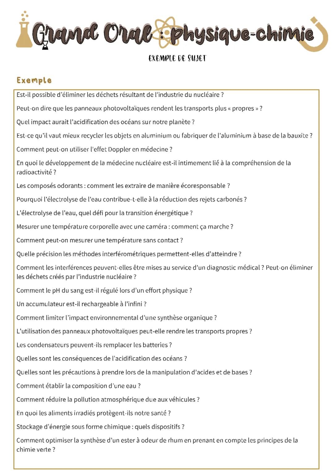 Sujets Grand Oral Physique-Chimie : Originaux, Corrigés et PDF