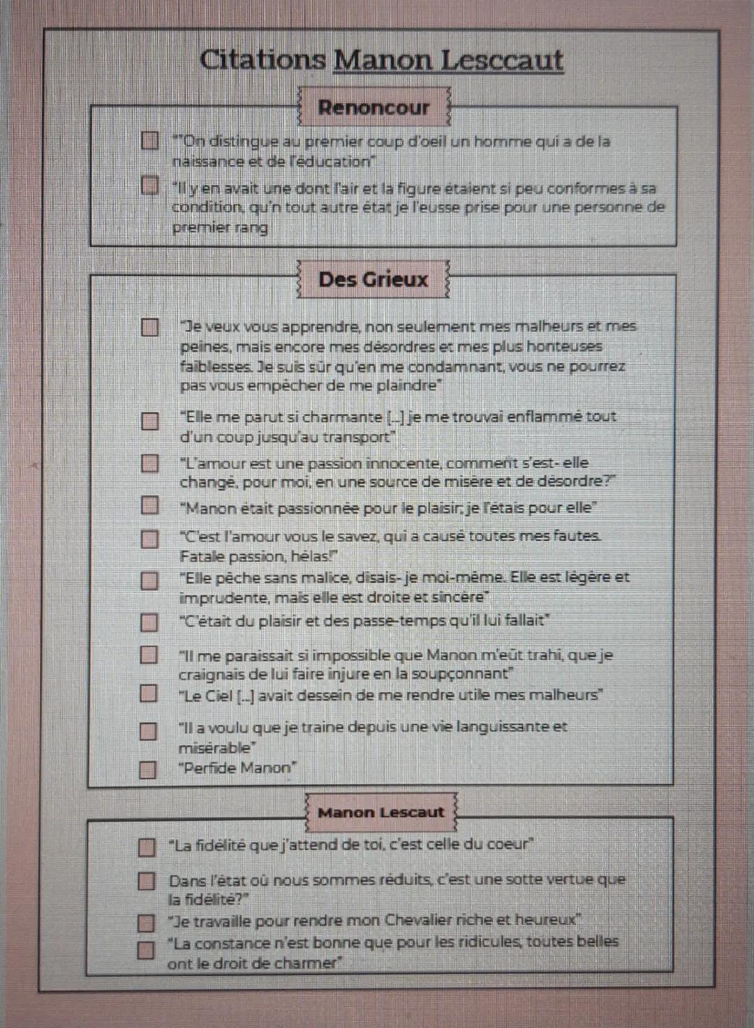 Citations Manon Lesccaut
Renoncour
☐ "On distingue au premier coup d'oeil un homme qui a de la
naissance et de l'éducation"
"Il y en avait u