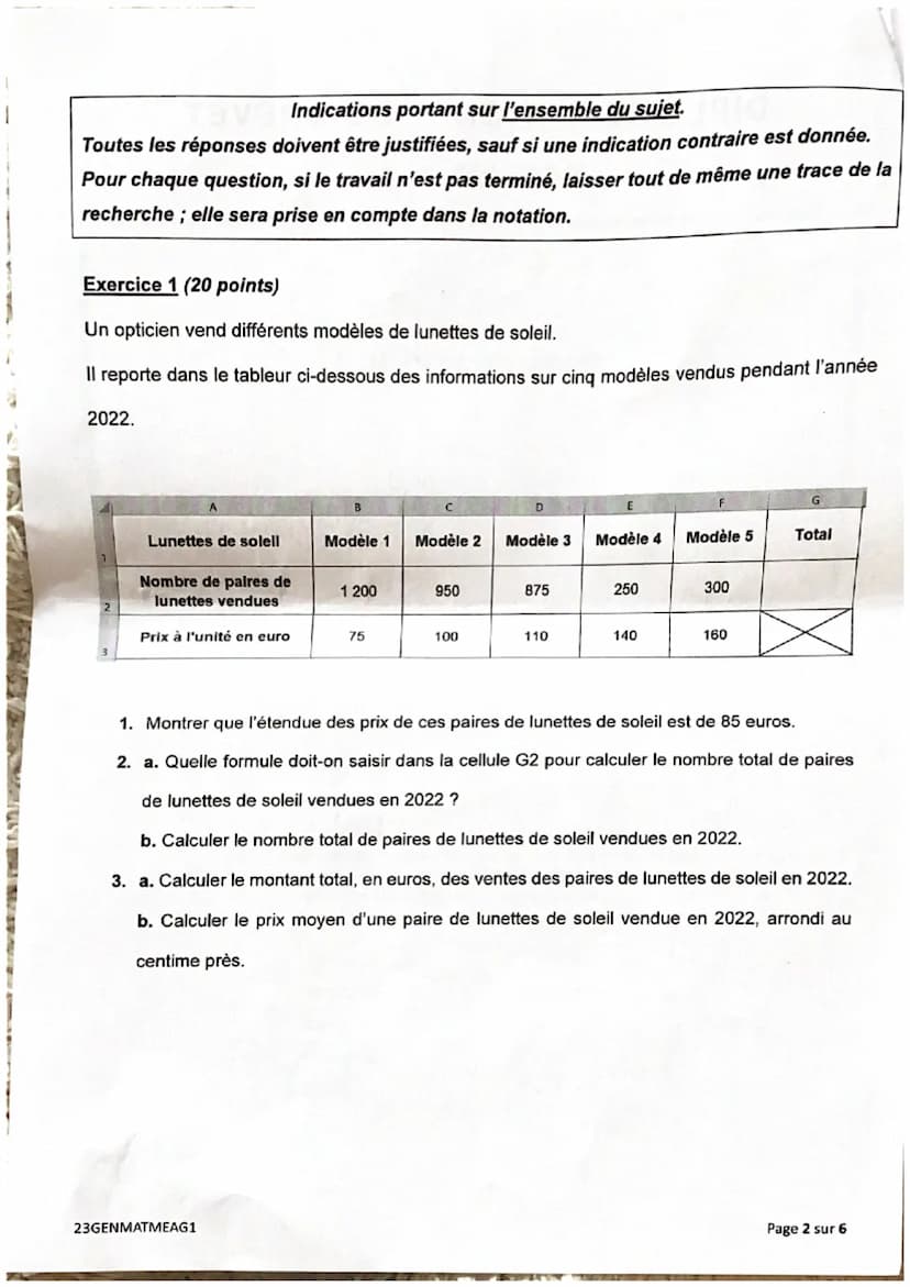 DIPLÔME NATIONAL DU BREVET
SESSION 2023
MATHÉMATIQUES
Durée de l'épreuve : 2 h 00
Série générale
23GENMATMEAG1
Dès que le sujet vous est rem