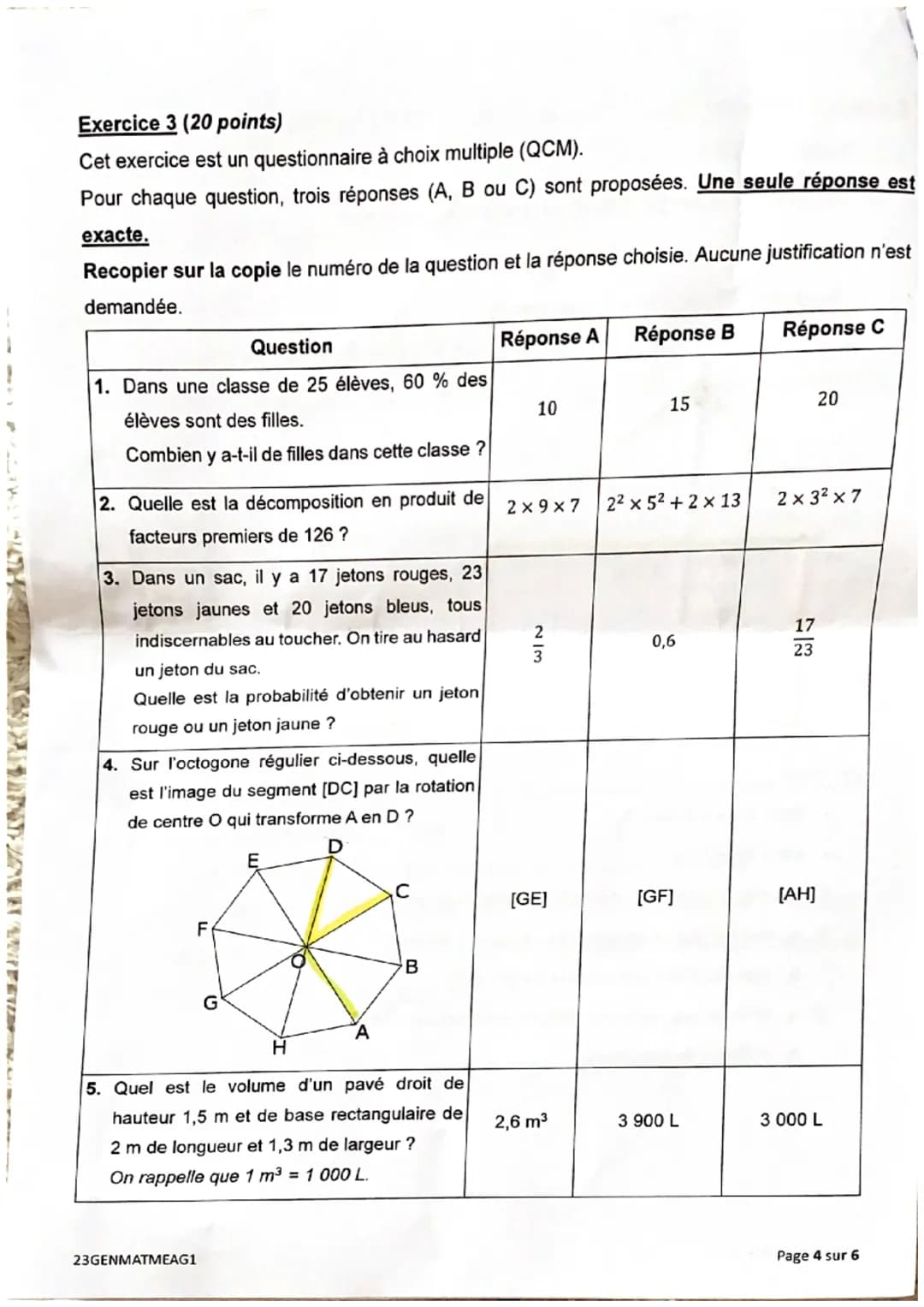 DIPLÔME NATIONAL DU BREVET
SESSION 2023
MATHÉMATIQUES
Durée de l'épreuve : 2 h 00
Série générale
23GENMATMEAG1
Dès que le sujet vous est rem