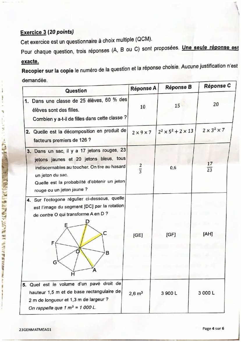 DIPLÔME NATIONAL DU BREVET
SESSION 2023
MATHÉMATIQUES
Durée de l'épreuve : 2 h 00
Série générale
23GENMATMEAG1
Dès que le sujet vous est rem