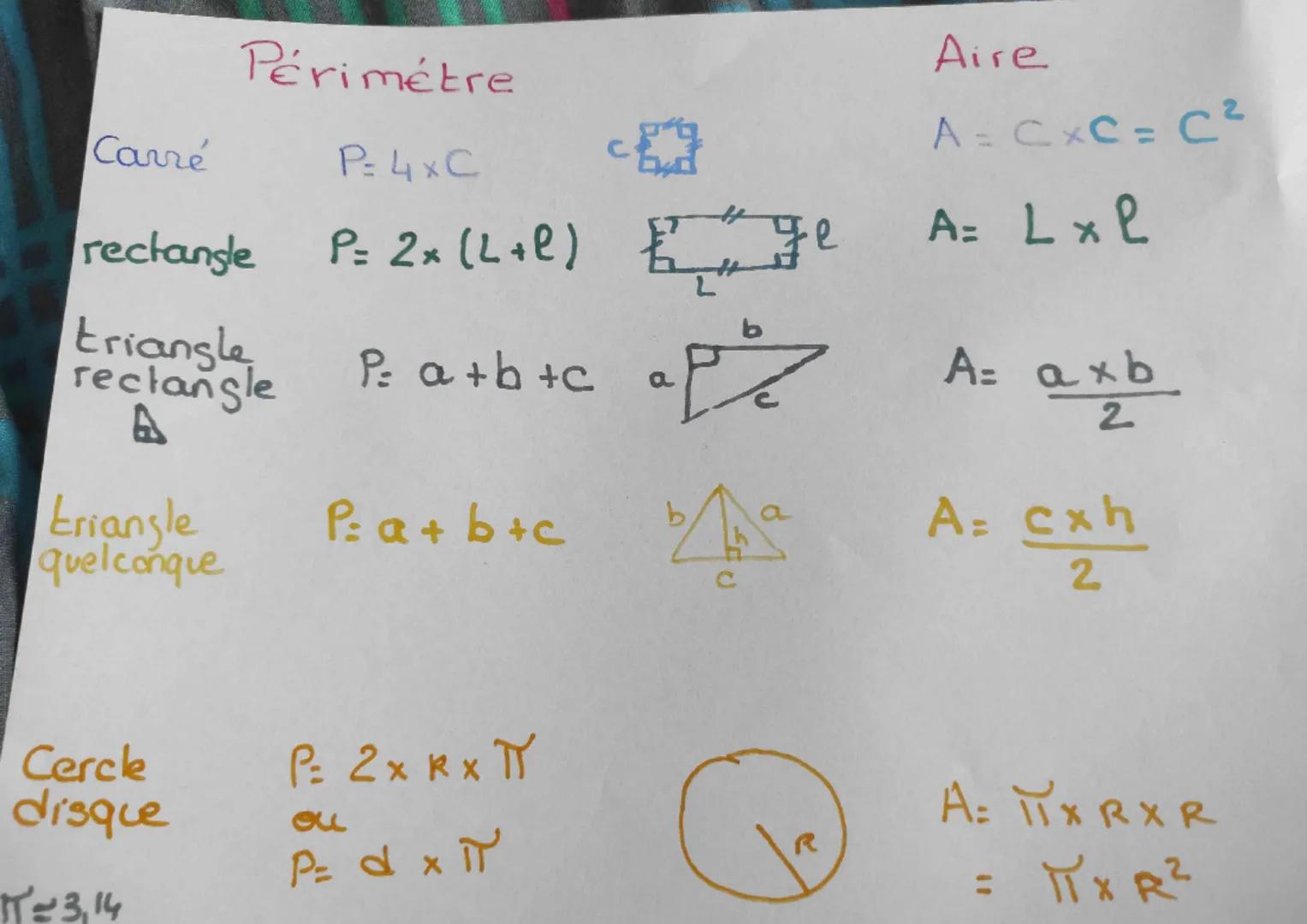 Périmétre
Aire
Carré
C
P=4xC
ye
rectangle P=2x (L+P) Euge
triangle
rectangle
A
A = CXC = C2
A= Lxl
b
P= a+b+c
a
A= axb
2
triangle
quelconque