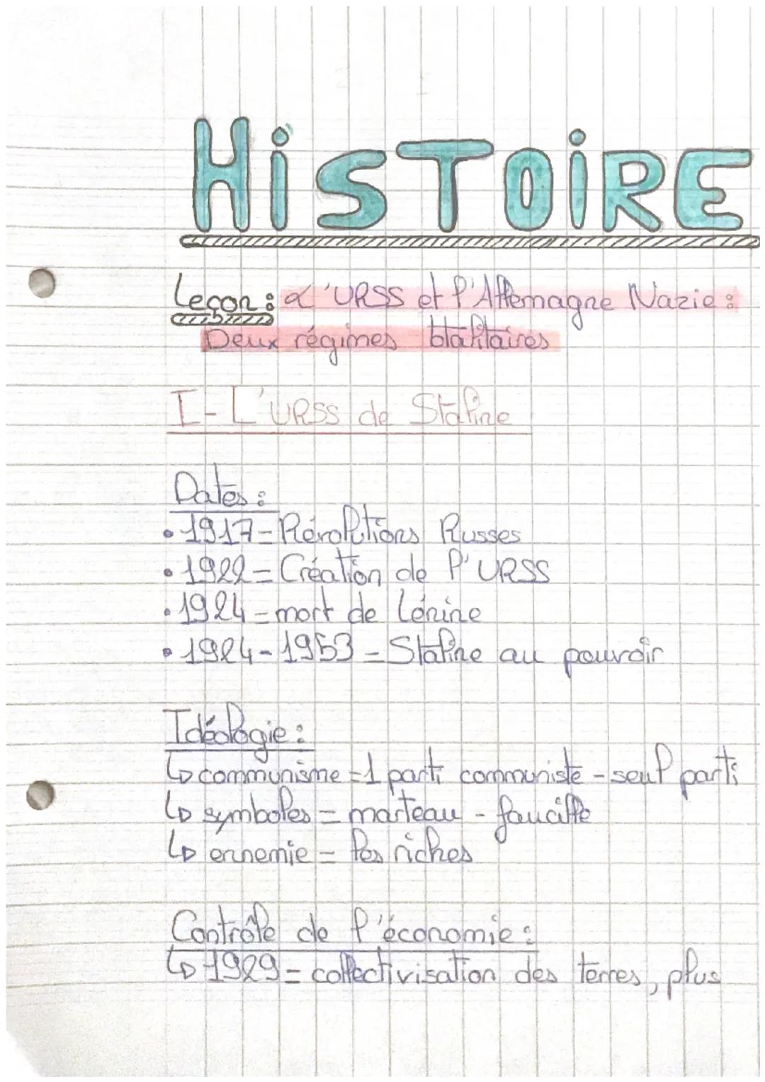 HISTOIRE
Lecon: a 'URSS et l'Affemagne Nazie :
Deux régimes blaktaires
7775227
I- L'URSS de Staffine
Dates:
•1917-Revolutions Russes
• 1922-